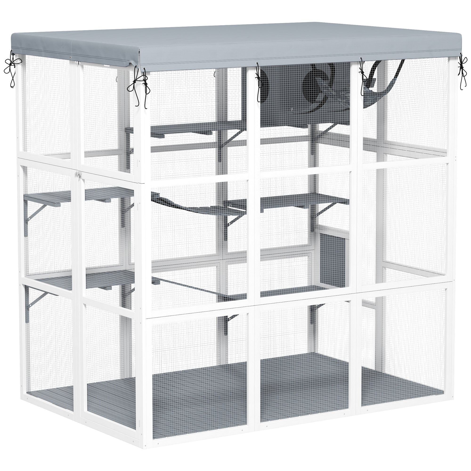 PawHut Catio Outdoor Cat Enclosure, 71" Large Wooden Cat House w/ Weatherproof Tarp, Walk in Kennel Cage with Hammock, Condo, Platforms, Ladders, Ramps, for 2-4 Kittens, Grey