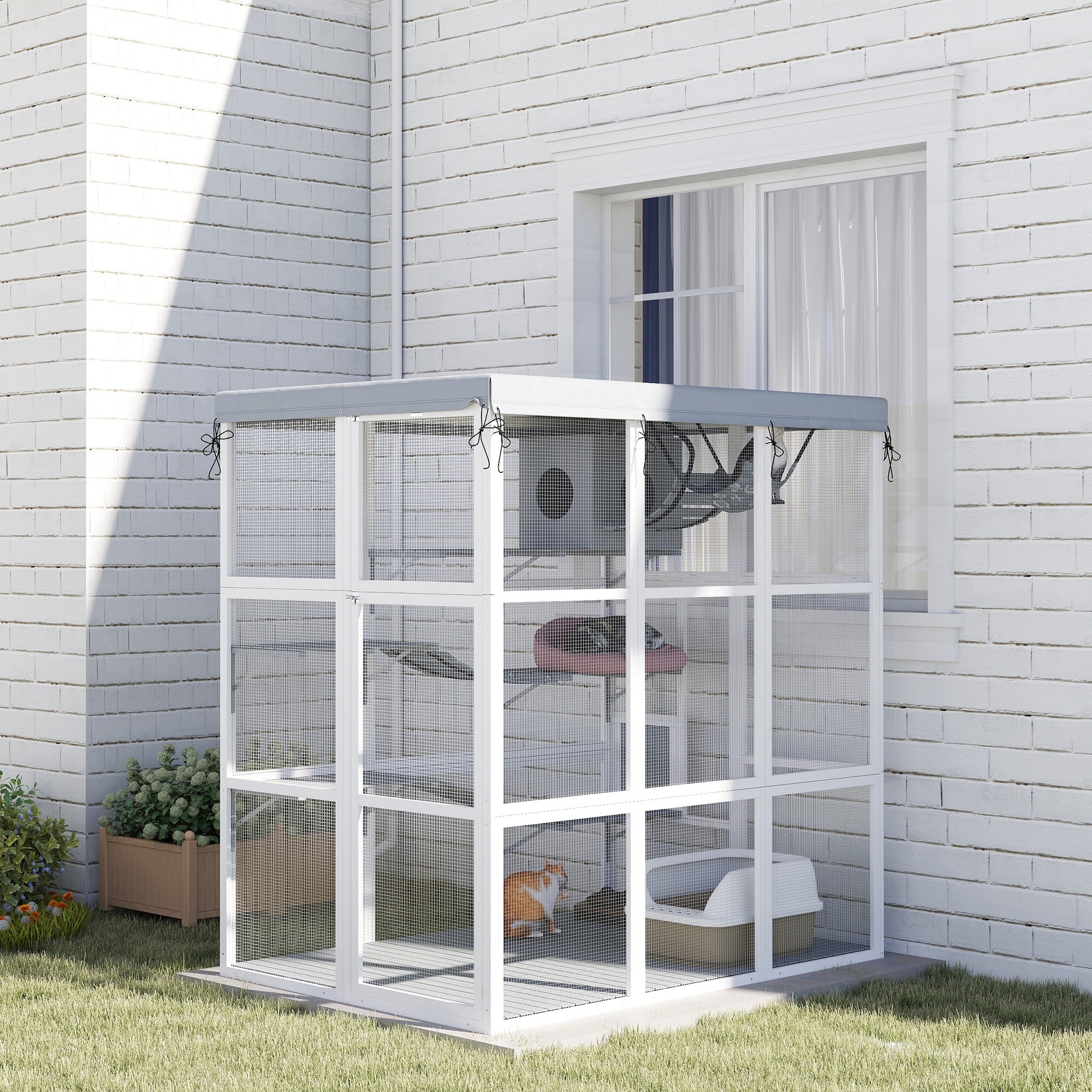 PawHut Catio Outdoor Cat Enclosure, 71" Large Wooden Cat House w/ Weatherproof Tarp, Walk in Kennel Cage with Hammock, Condo, Platforms, Ladders, Ramps, for 2-4 Kittens, Grey