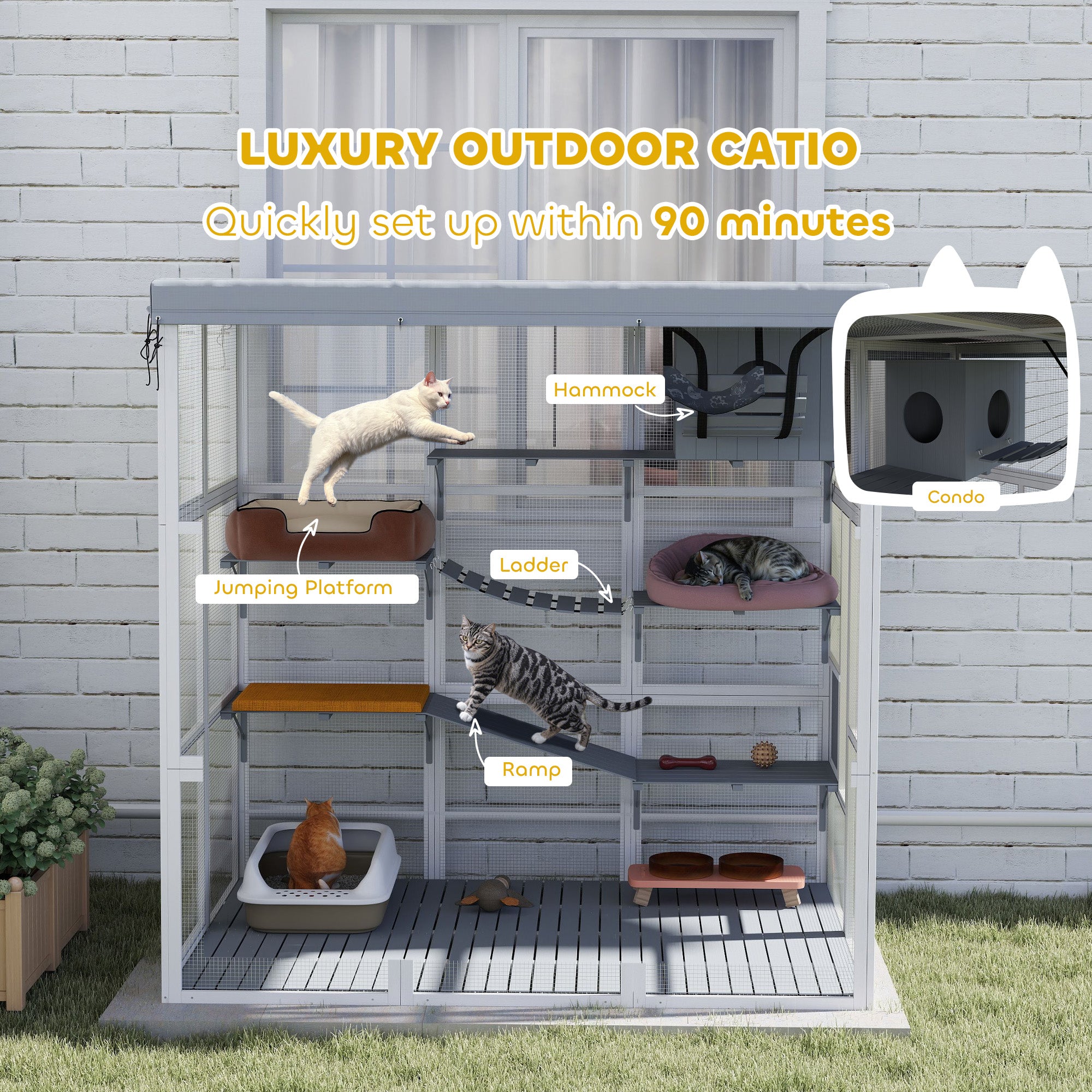 PawHut Catio Outdoor Cat Enclosure, 71" Large Wooden Cat House w/ Weatherproof Tarp, Walk in Kennel Cage with Hammock, Condo, Platforms, Ladders, Ramps, for 2-4 Kittens, Grey