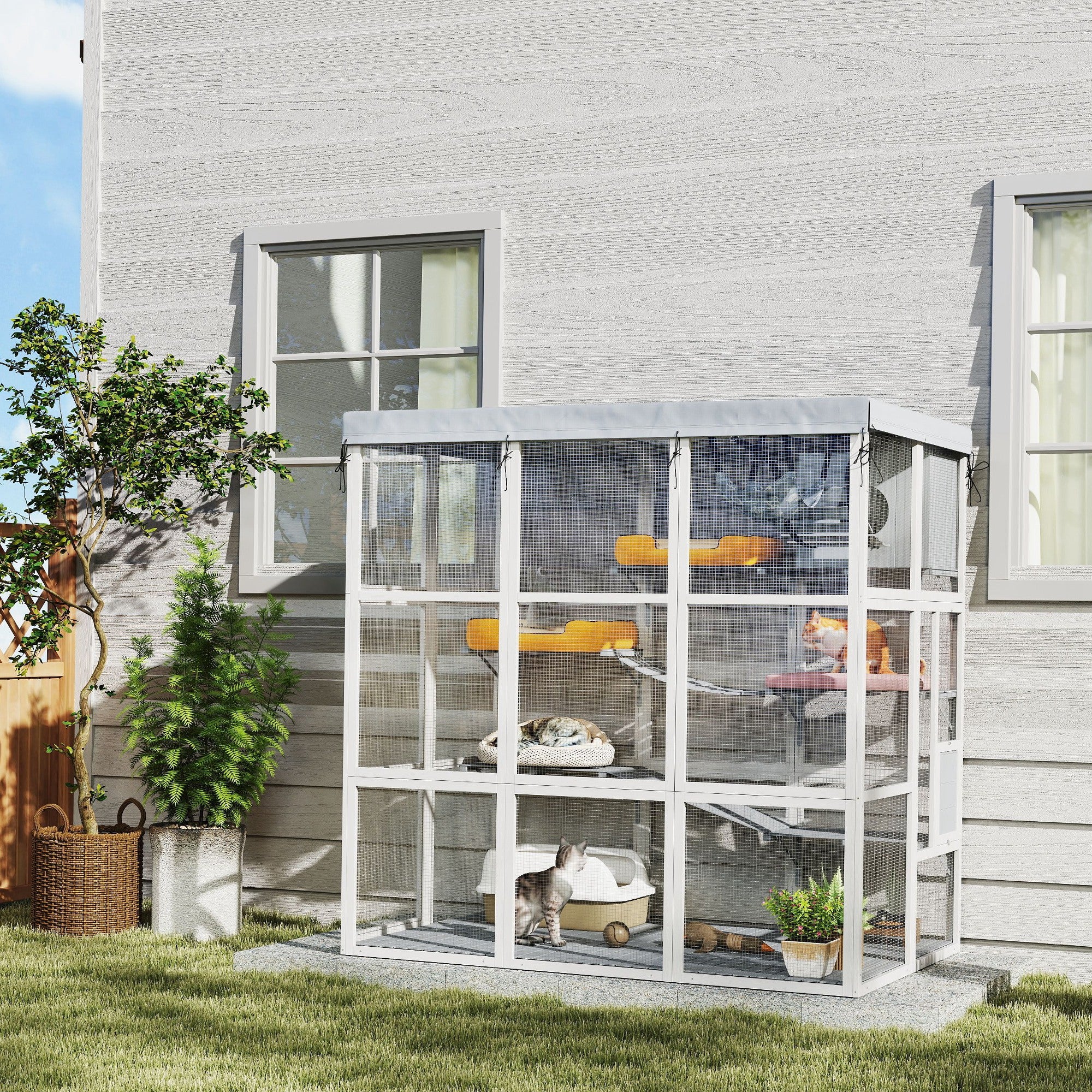 PawHut Catio Outdoor Cat Enclosure, 71" Large Wooden Cat House w/ Weatherproof Tarp, Walk in Kennel Cage with Hammock, Condo, Platforms, Ladders, Ramps, for 2-4 Kittens, Grey