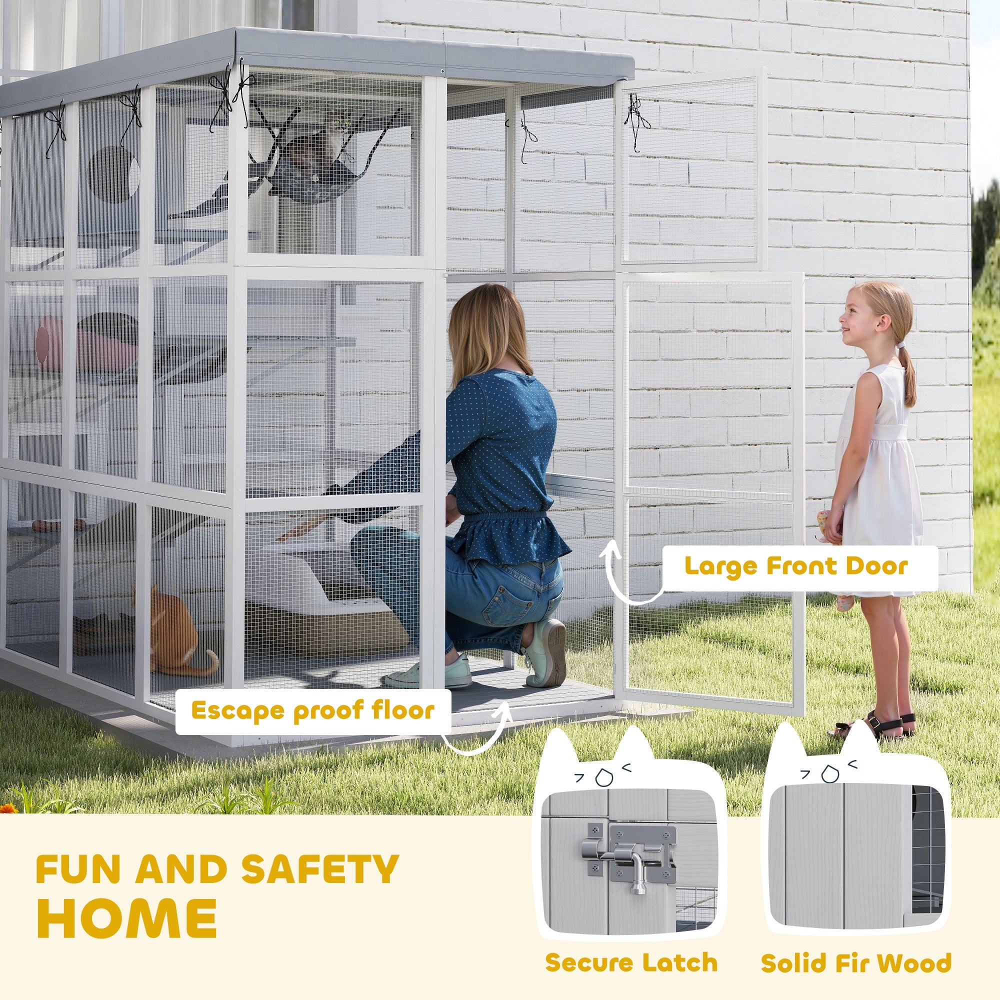 PawHut Catio Outdoor Cat Enclosure, 71" Large Wooden Cat House w/ Weatherproof Tarp, Walk in Kennel Cage with Hammock, Condo, Platforms, Ladders, Ramps, for 2-4 Kittens, Grey