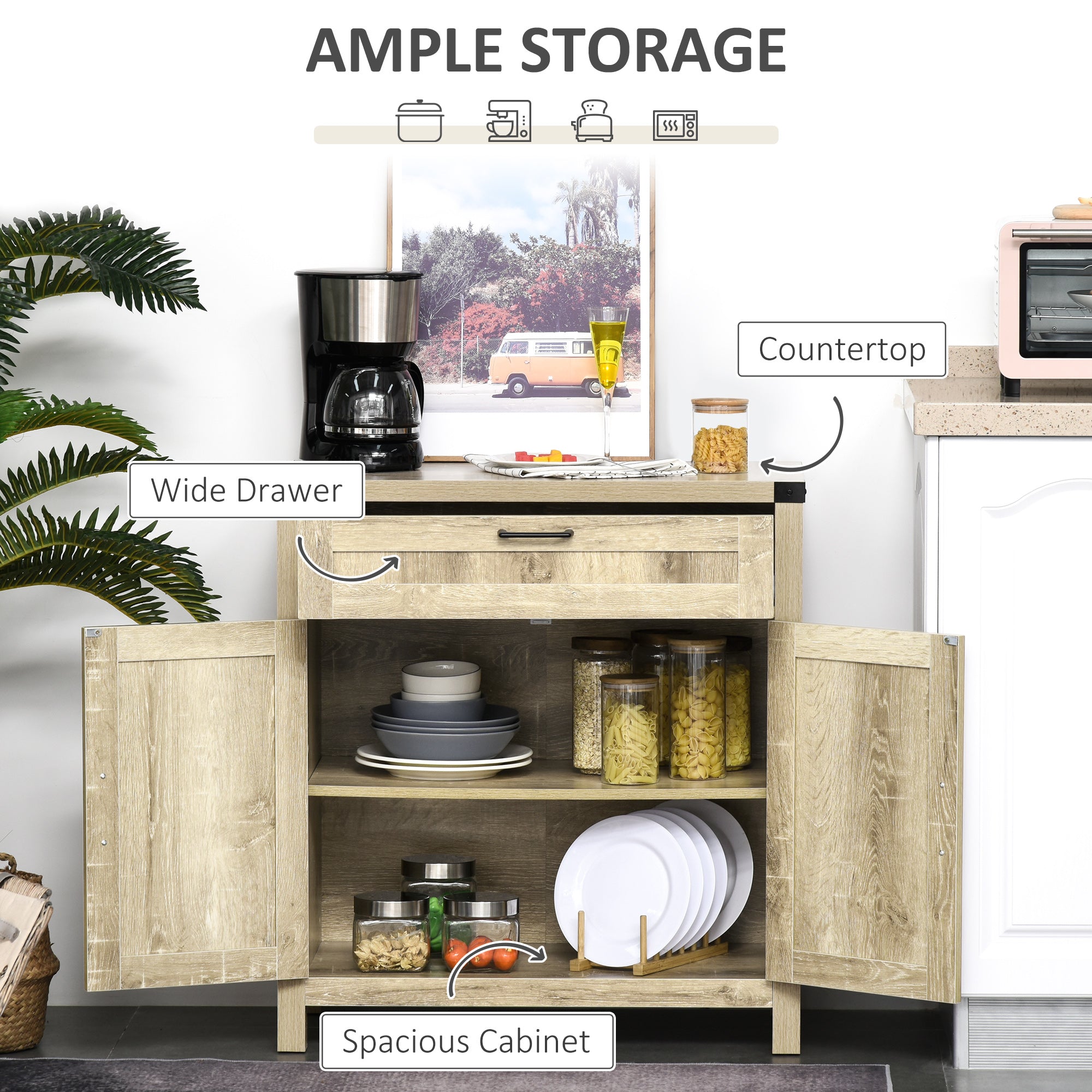 HOMCOM Sideboard Buffet Cabinet, Farmhouse Kitchen Storage Cabinet with Rustic Barn Door and Drawer, Oak