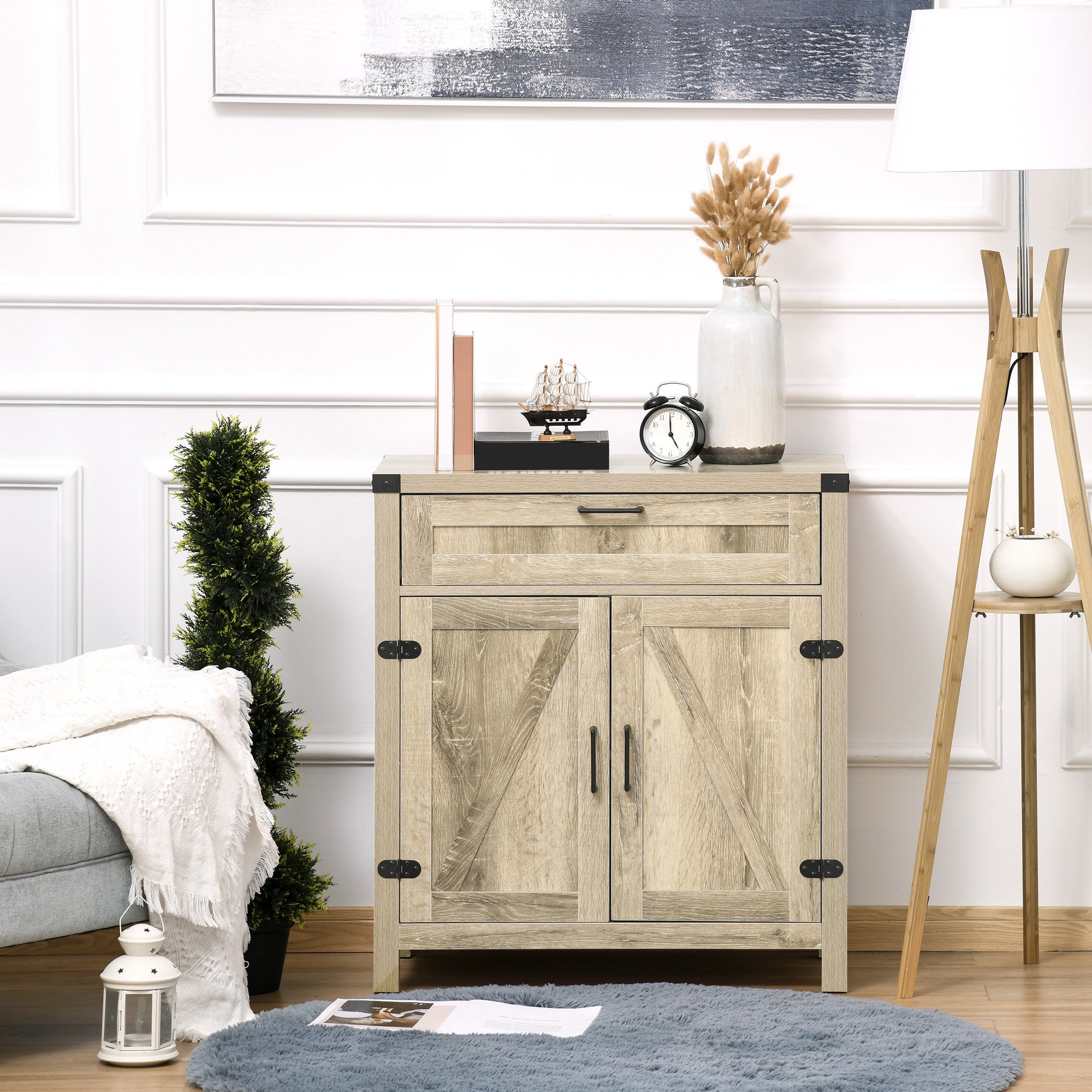 HOMCOM Sideboard Buffet Cabinet, Farmhouse Kitchen Storage Cabinet with Rustic Barn Door and Drawer, Oak