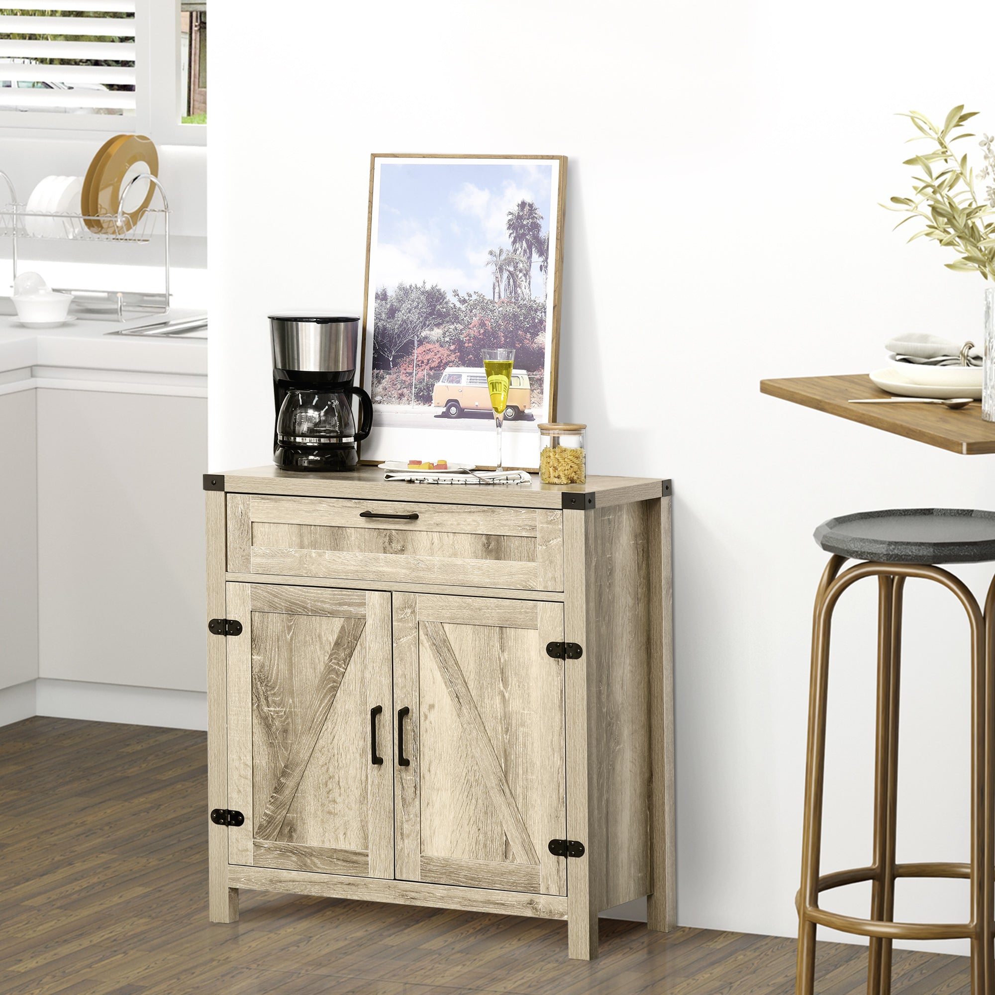 HOMCOM Sideboard Buffet Cabinet, Farmhouse Kitchen Storage Cabinet with Rustic Barn Door and Drawer, Oak