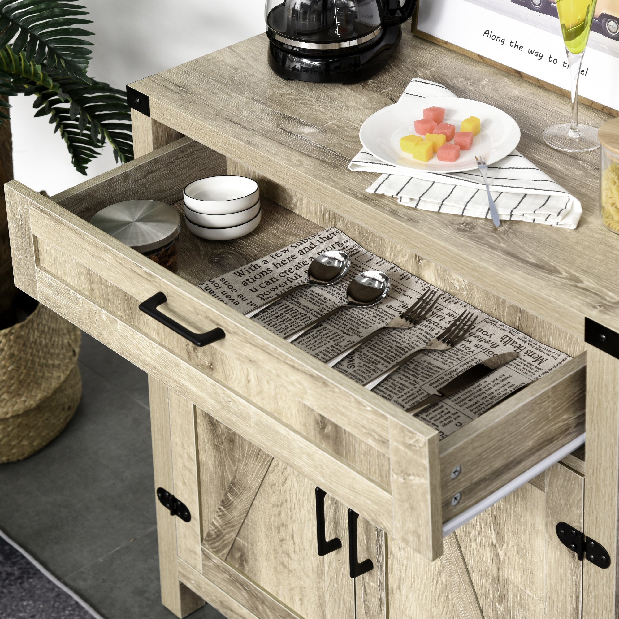 HOMCOM Sideboard Buffet Cabinet, Farmhouse Kitchen Storage Cabinet with Rustic Barn Door and Drawer, Oak