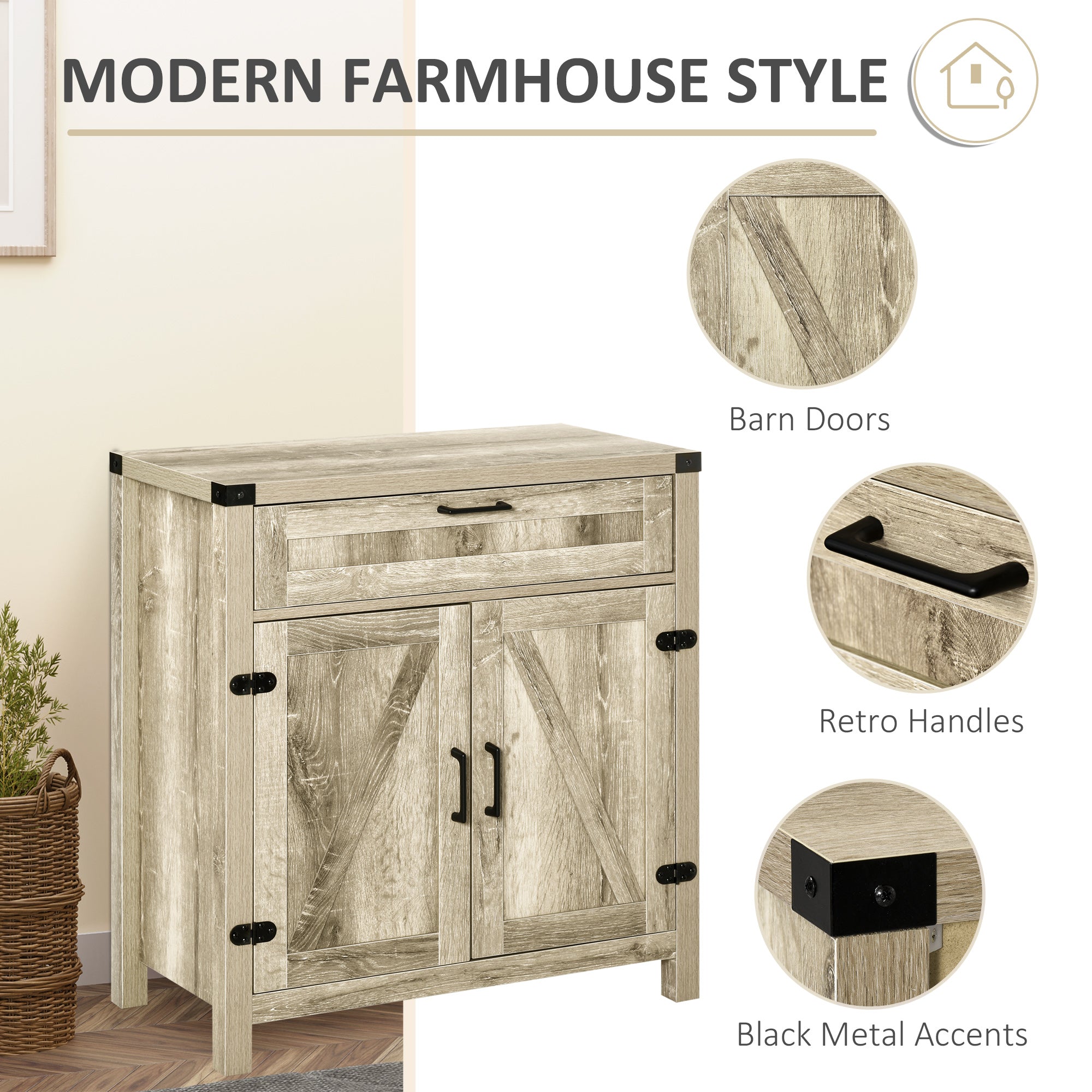 HOMCOM Sideboard Buffet Cabinet, Farmhouse Kitchen Storage Cabinet with Rustic Barn Door and Drawer, Oak
