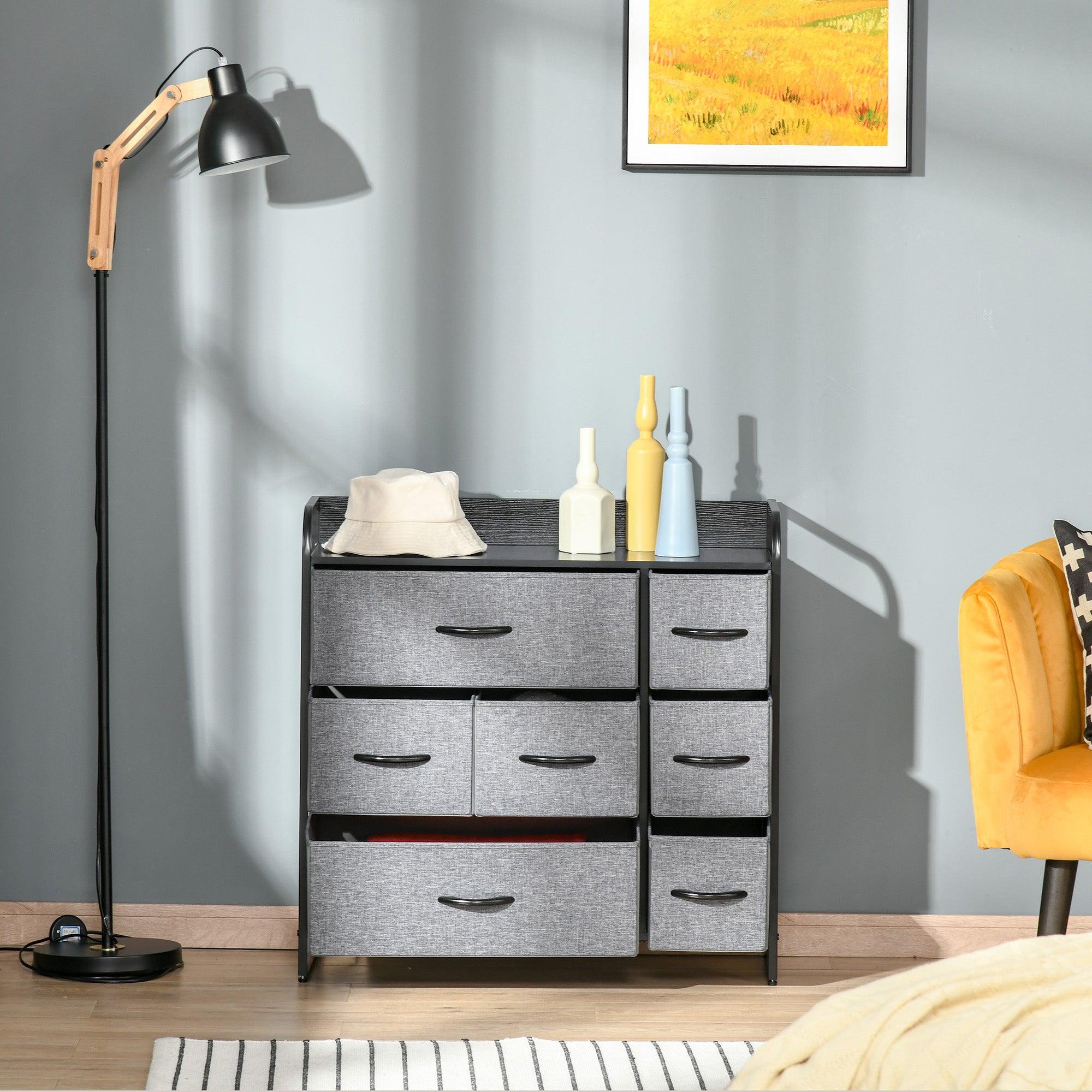 HOMCOM 7-Drawer Dresser, Fabric Chest of Drawers, 3-Tier Storage Tower with Steel Frame and Wooden Top for Bedroom, Nursery Room, Black
