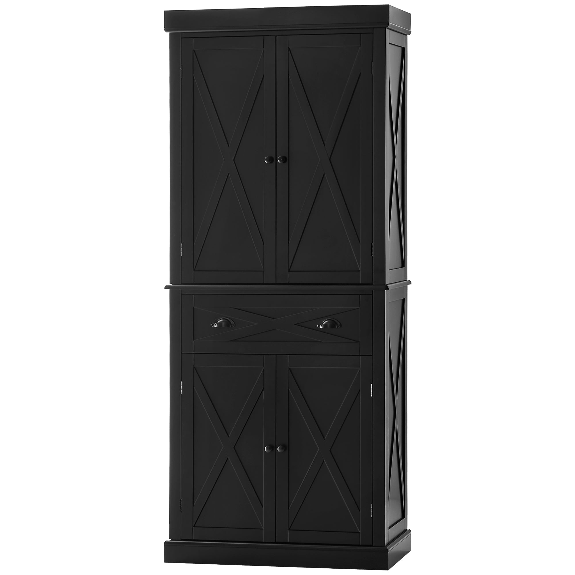 HOMCOM 72.5" Kitchen Pantry Cabinet, Freestanding Kitchen Pantry Storage Cabinet with 4 Doors, Drawer and Adjustable Shelves, Black