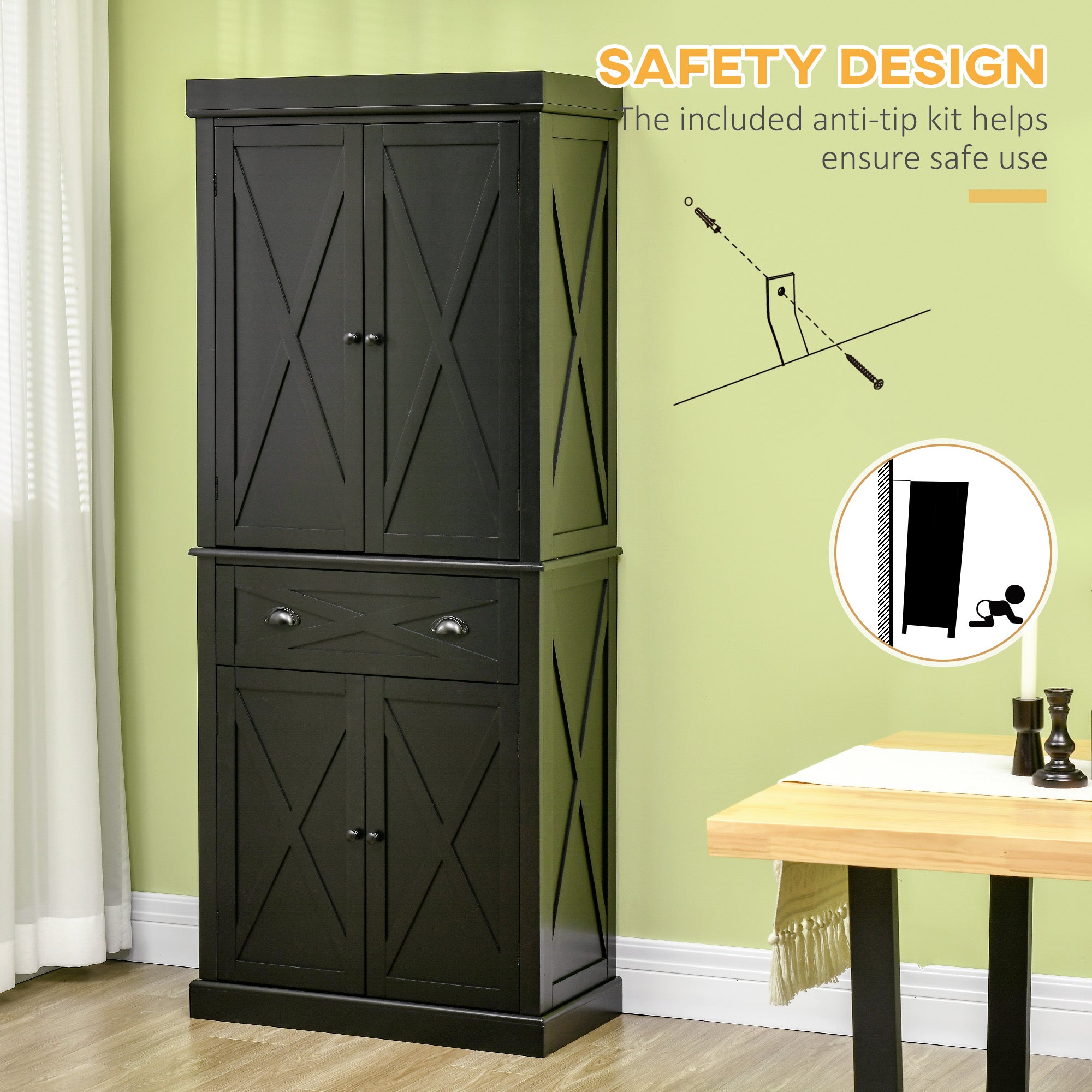 HOMCOM 72.5" Kitchen Pantry Cabinet, Freestanding Kitchen Pantry Storage Cabinet with 4 Doors, Drawer and Adjustable Shelves, Black