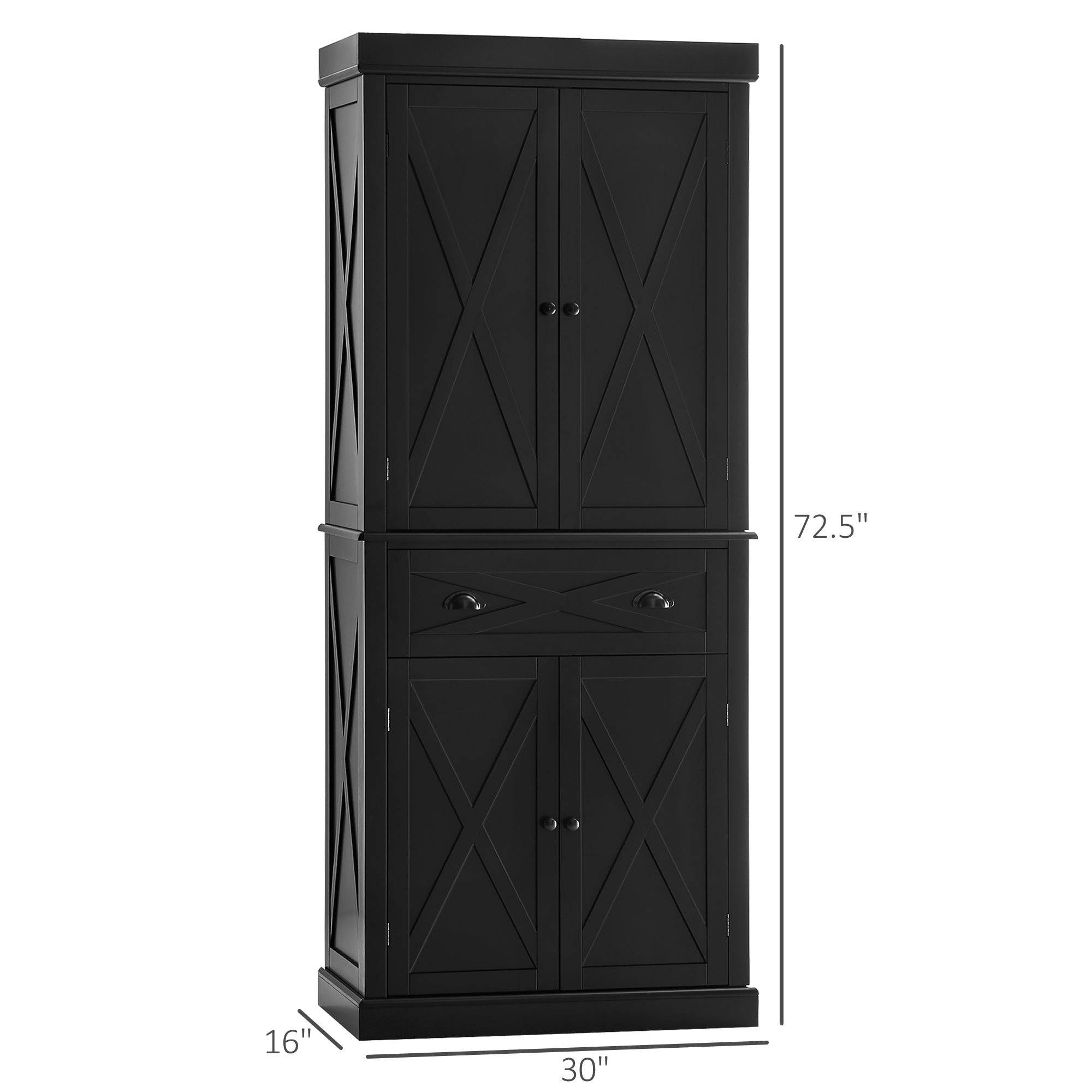 HOMCOM 72.5" Kitchen Pantry Cabinet, Freestanding Kitchen Pantry Storage Cabinet with 4 Doors, Drawer and Adjustable Shelves, Black