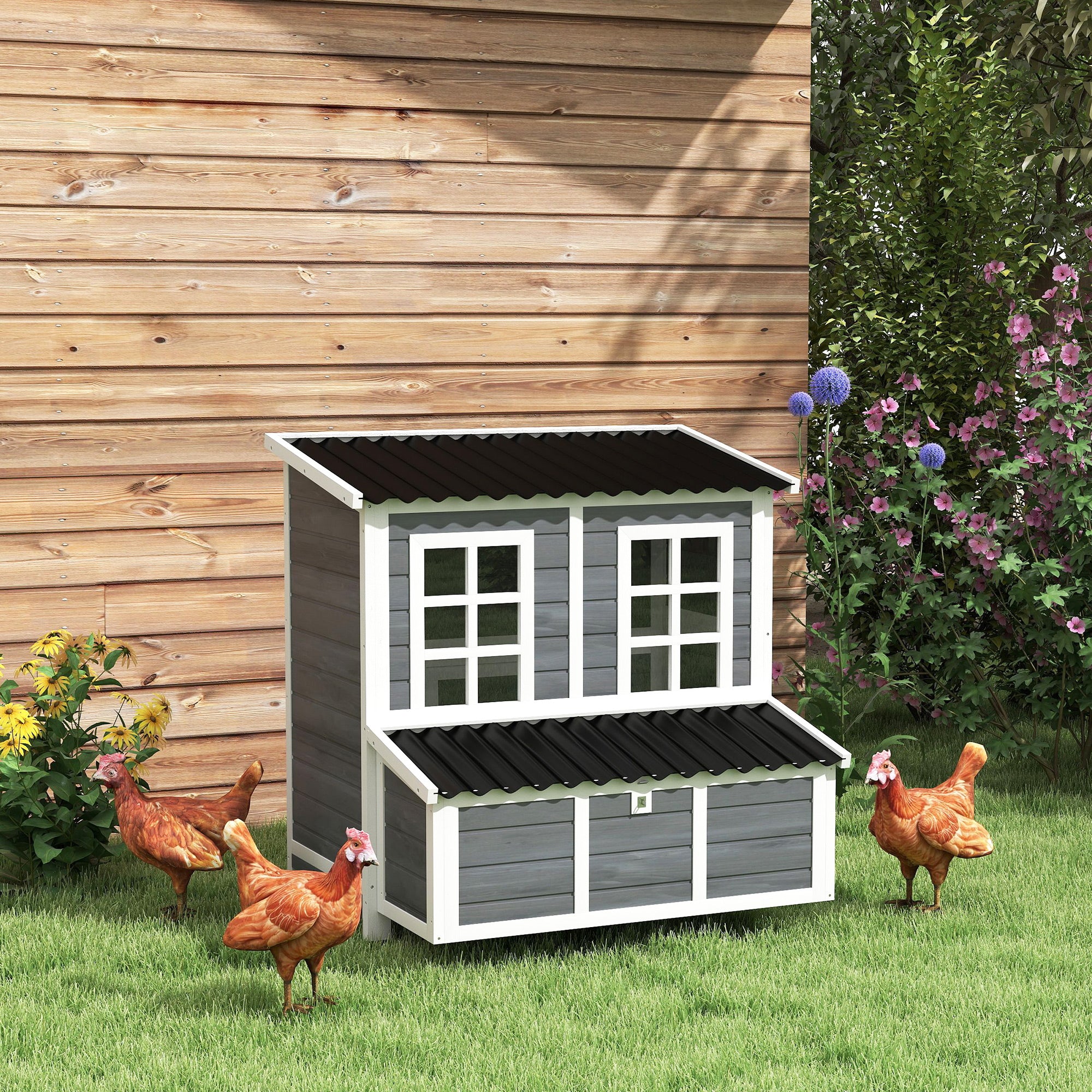 PawHut Wooden Chicken Coop, 39" Chicken House with Nesting Box, Pull-Out Tray, Waterproof Roof, Hen House Outdoor Poultry Cage for 4-6 Chickens, Rabbits, Small Animals, for Backyard, Light Gray