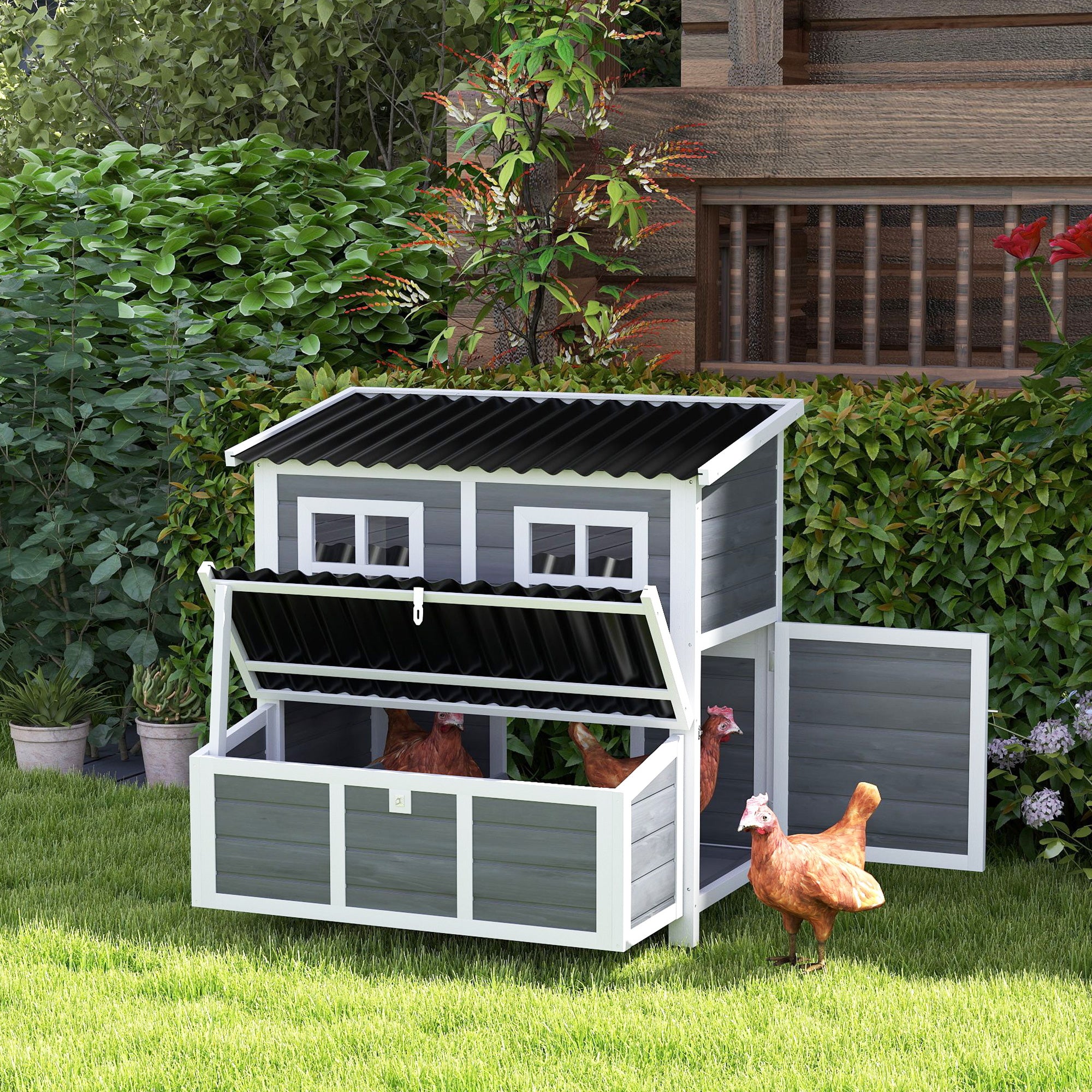 PawHut Wooden Chicken Coop, 39" Chicken House with Nesting Box, Pull-Out Tray, Waterproof Roof, Hen House Outdoor Poultry Cage for 4-6 Chickens, Rabbits, Small Animals, for Backyard, Light Gray