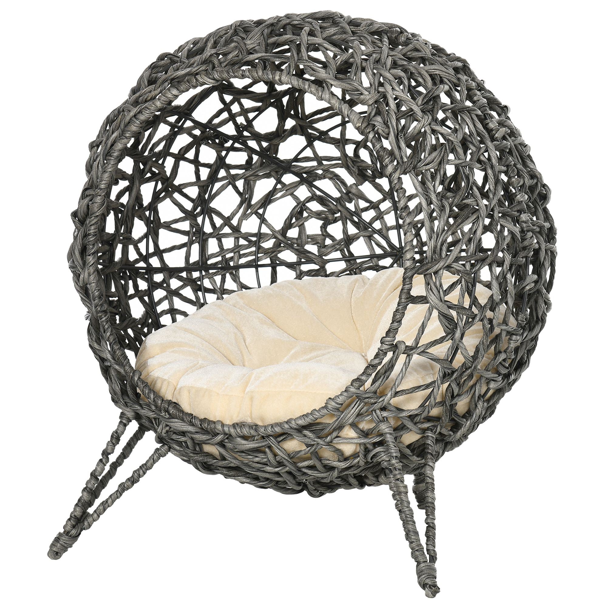 PawHut Rattan Elevated Cat Bed House Kitten Basket Ball Shaped Pet Furniture w/ Removable Cushion - Silver-Tone and Grey