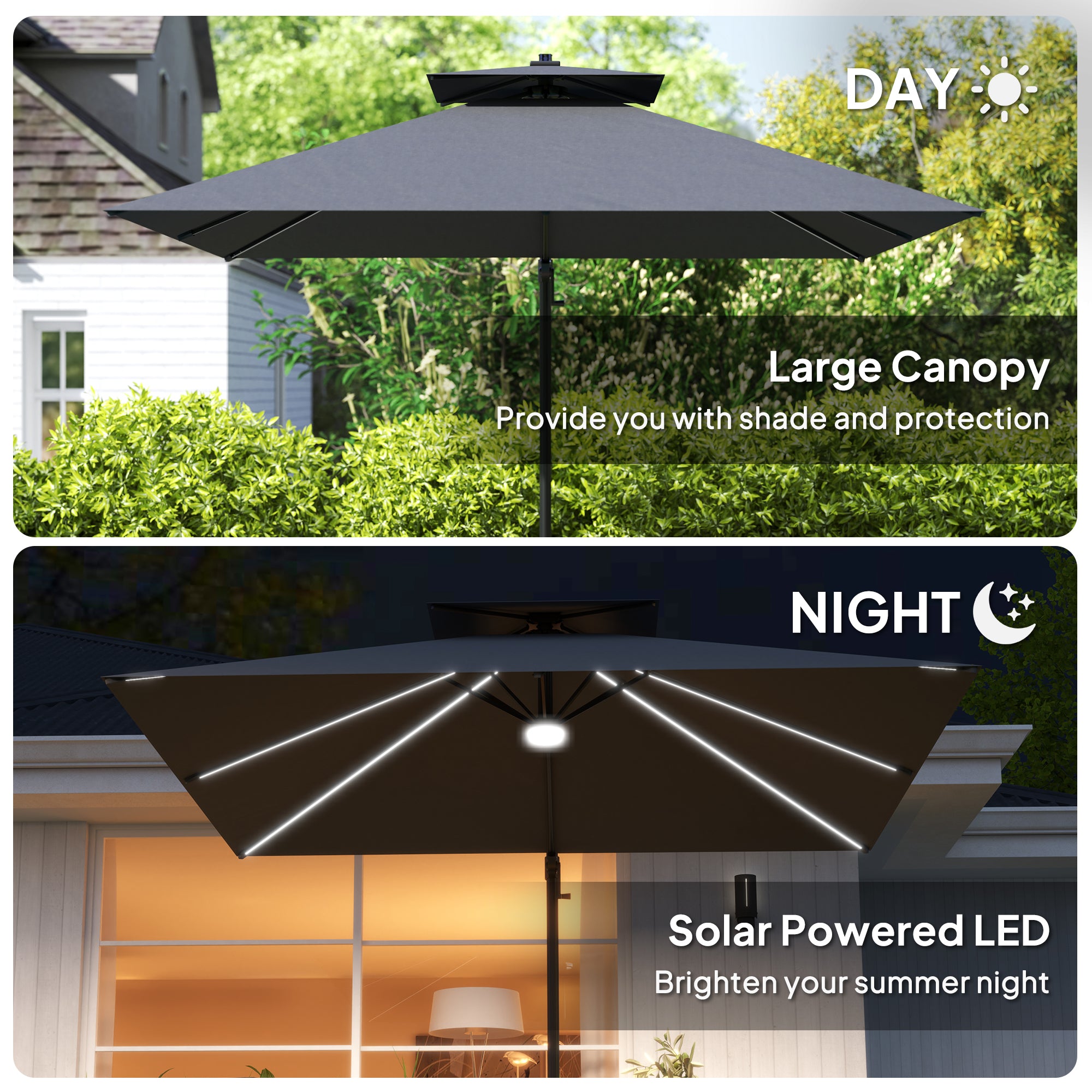 Outsunny 8' Cantilever Patio Umbrella with Solar Powered LED Lights, Hanging Offset Umbrella with 360°Rotation, Tilt Adjustment, Crank, Cross Base for Garden, Dark Grey
