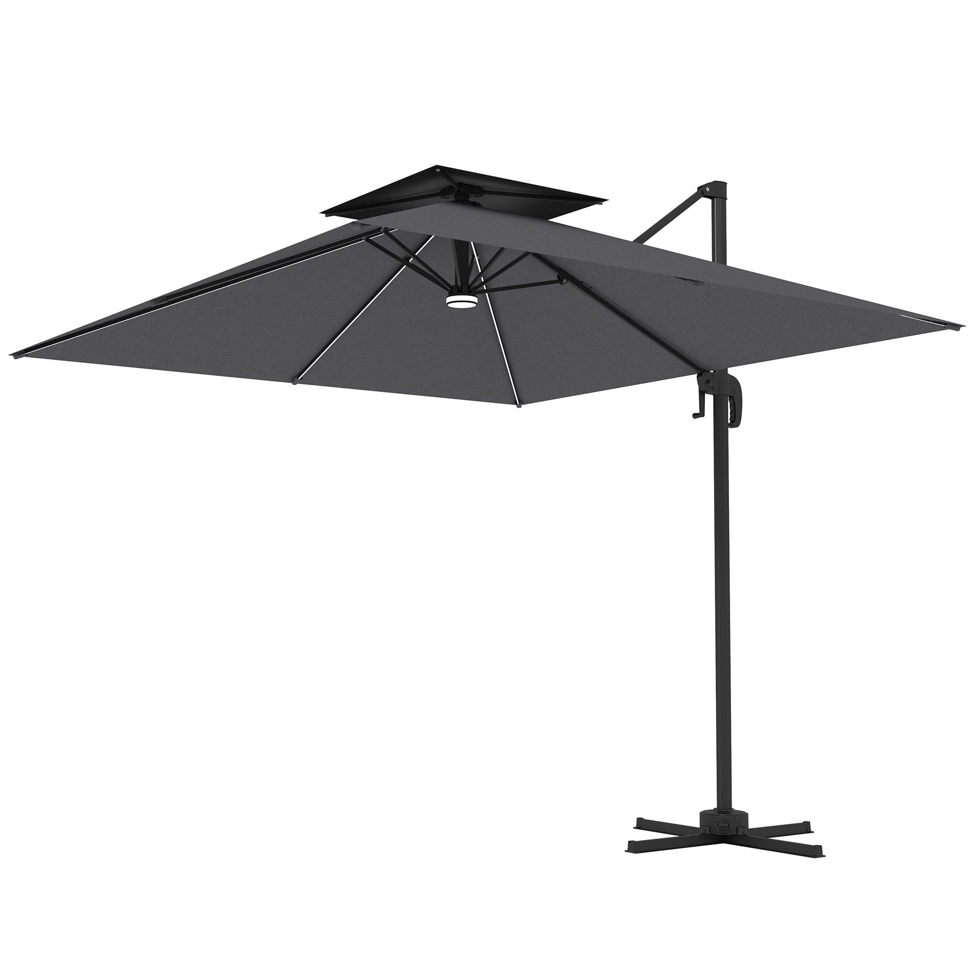 Outsunny 8' Cantilever Patio Umbrella with Solar Powered LED Lights, Hanging Offset Umbrella with 360°Rotation, Tilt Adjustment, Crank, Cross Base for Garden, Dark Grey