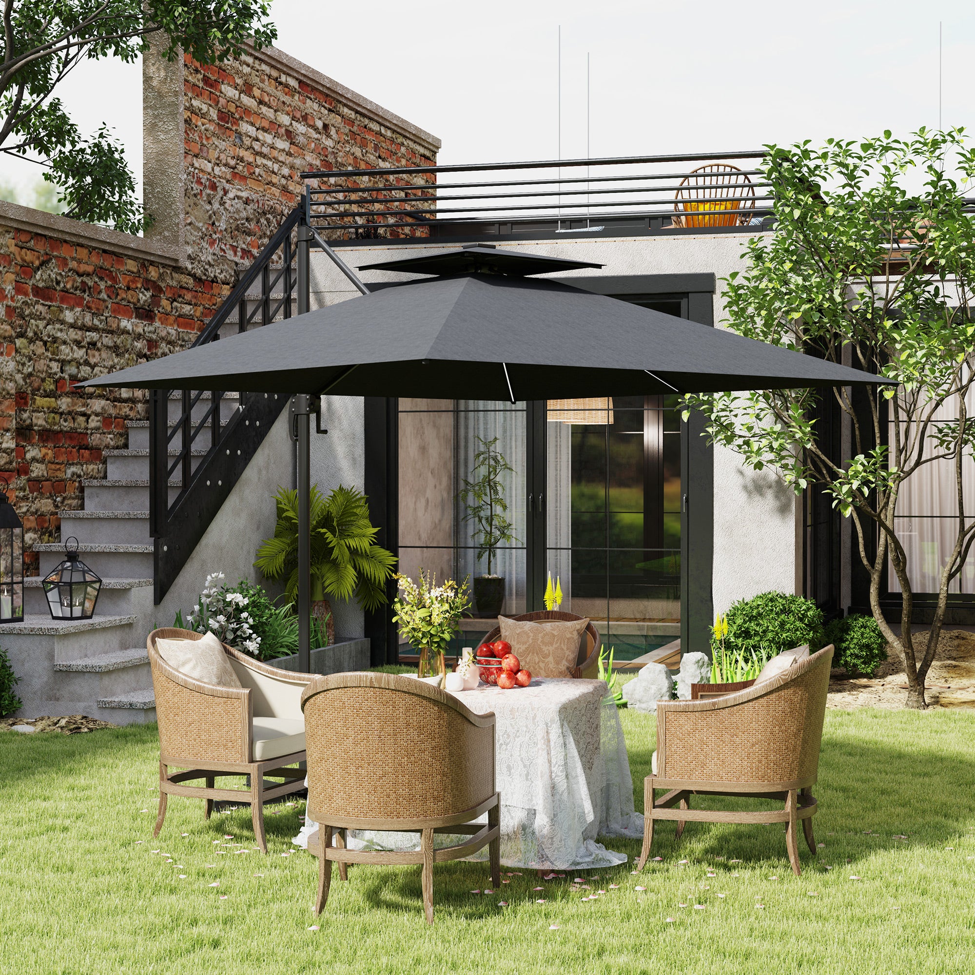 Outsunny 8' Cantilever Patio Umbrella with Solar Powered LED Lights, Hanging Offset Umbrella with 360°Rotation, Tilt Adjustment, Crank, Cross Base for Garden, Dark Grey