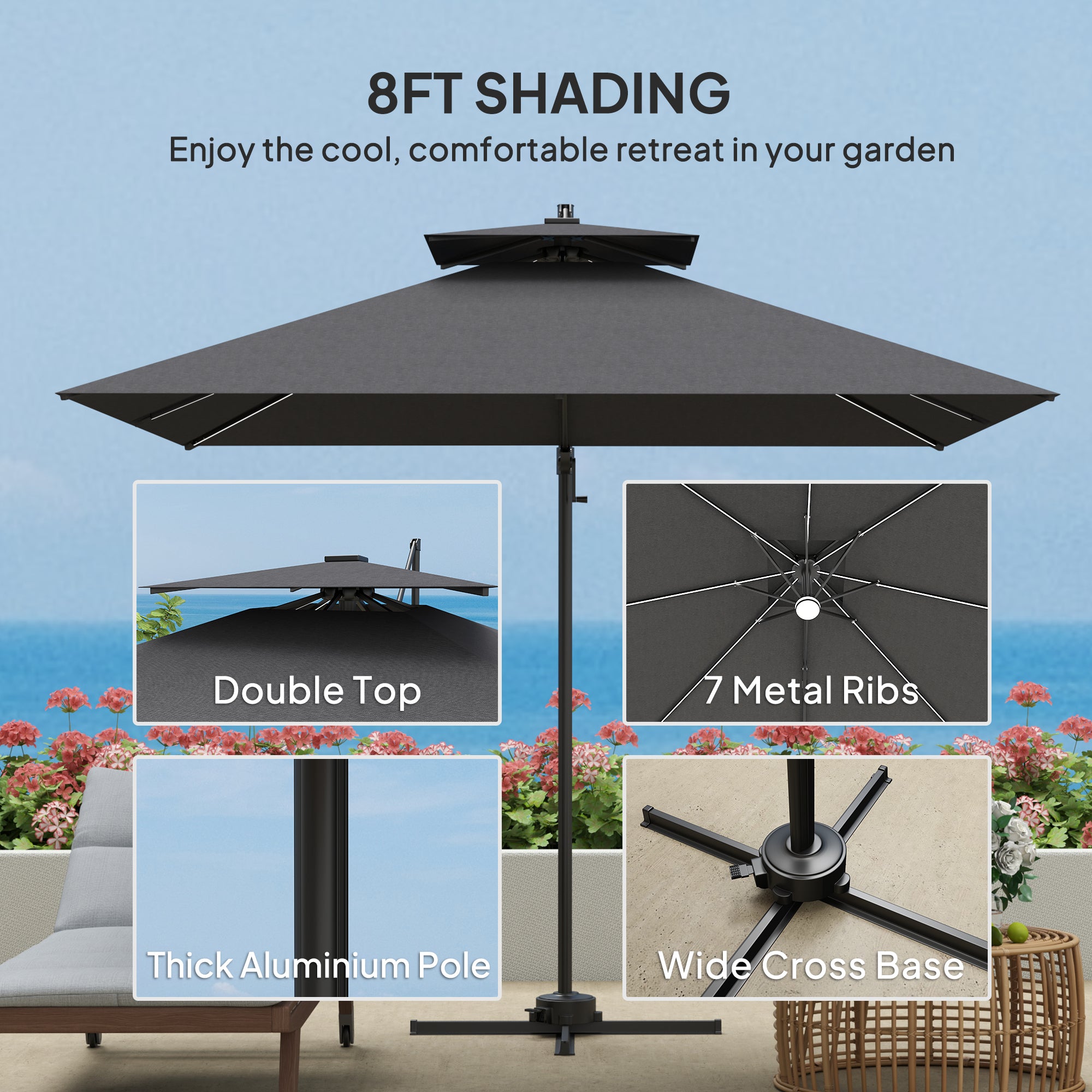 Outsunny 8' Cantilever Patio Umbrella with Solar Powered LED Lights, Hanging Offset Umbrella with 360°Rotation, Tilt Adjustment, Crank, Cross Base for Garden, Dark Grey