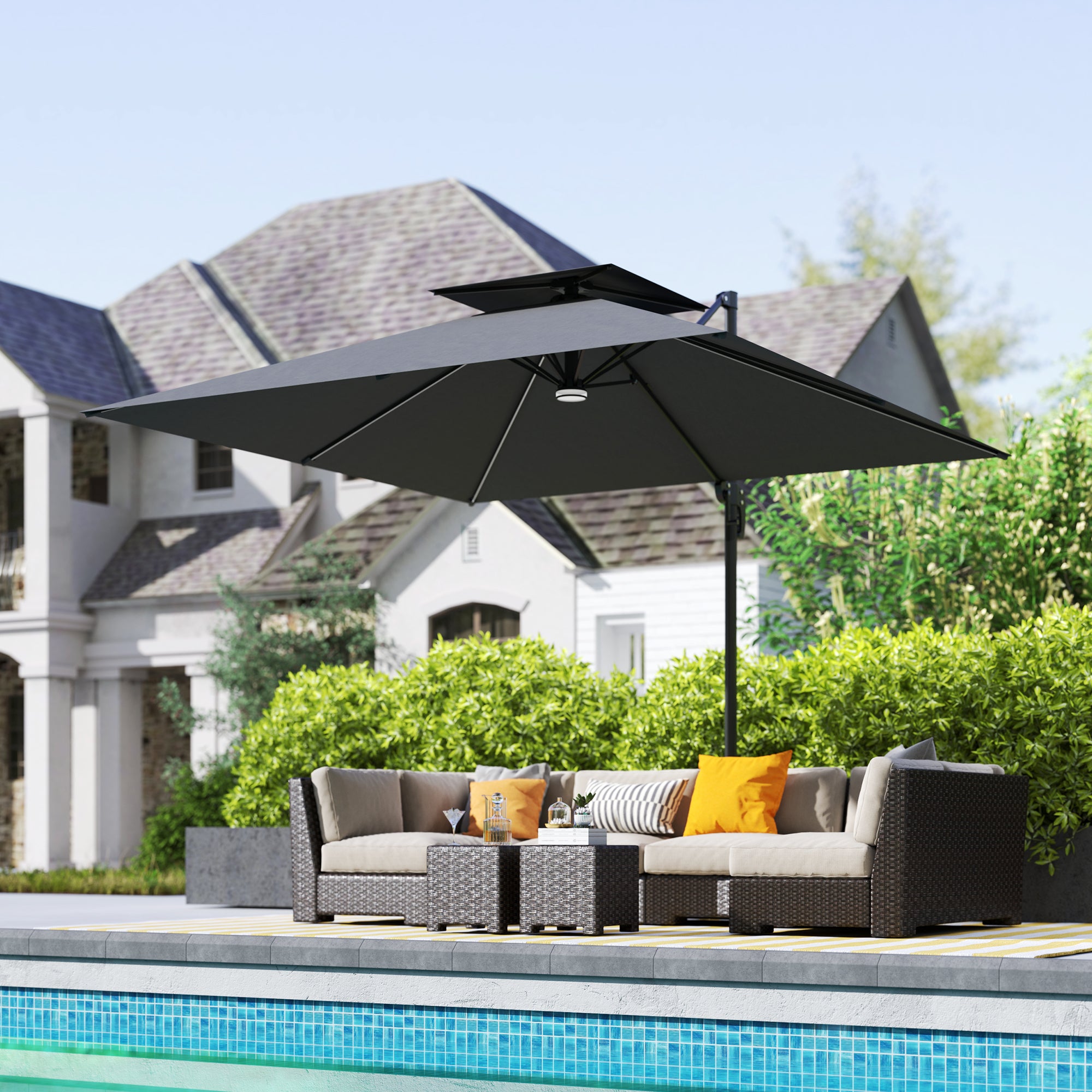 Outsunny 8' Cantilever Patio Umbrella with Solar Powered LED Lights, Hanging Offset Umbrella with 360°Rotation, Tilt Adjustment, Crank, Cross Base for Garden, Dark Grey