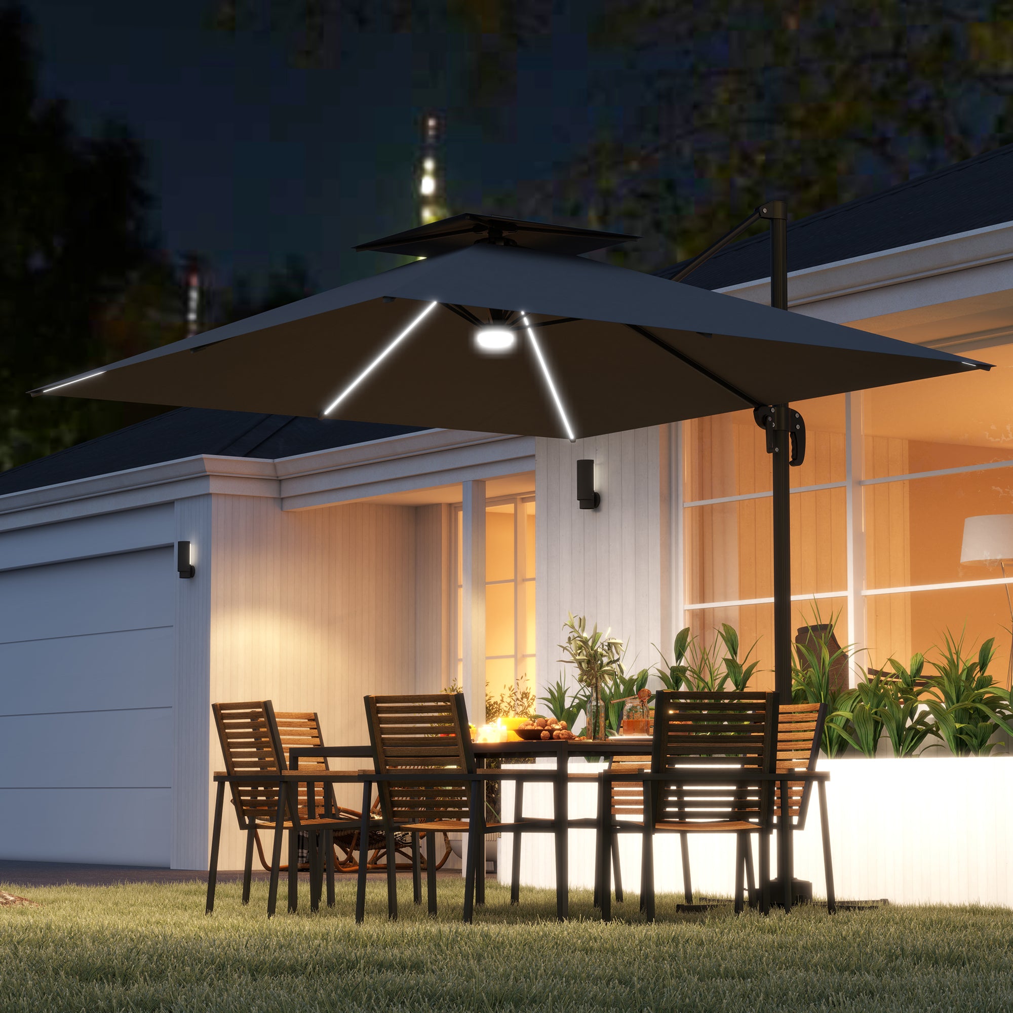 Outsunny 8' Cantilever Patio Umbrella with Solar Powered LED Lights, Hanging Offset Umbrella with 360°Rotation, Tilt Adjustment, Crank, Cross Base for Garden, Dark Grey