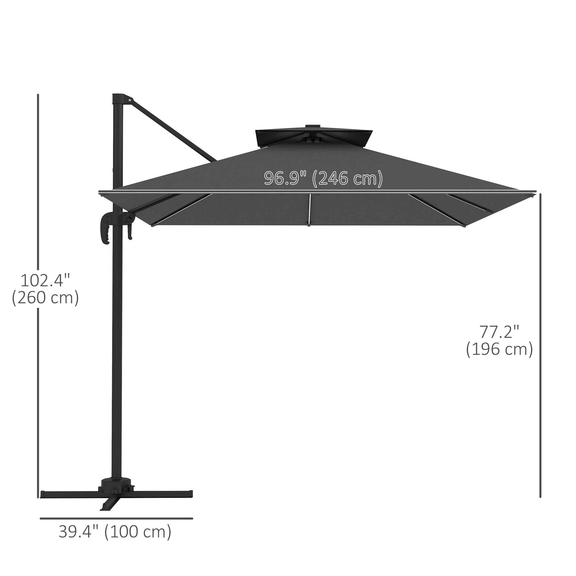 Outsunny 8' Cantilever Patio Umbrella with Solar Powered LED Lights, Hanging Offset Umbrella with 360°Rotation, Tilt Adjustment, Crank, Cross Base for Garden, Dark Grey