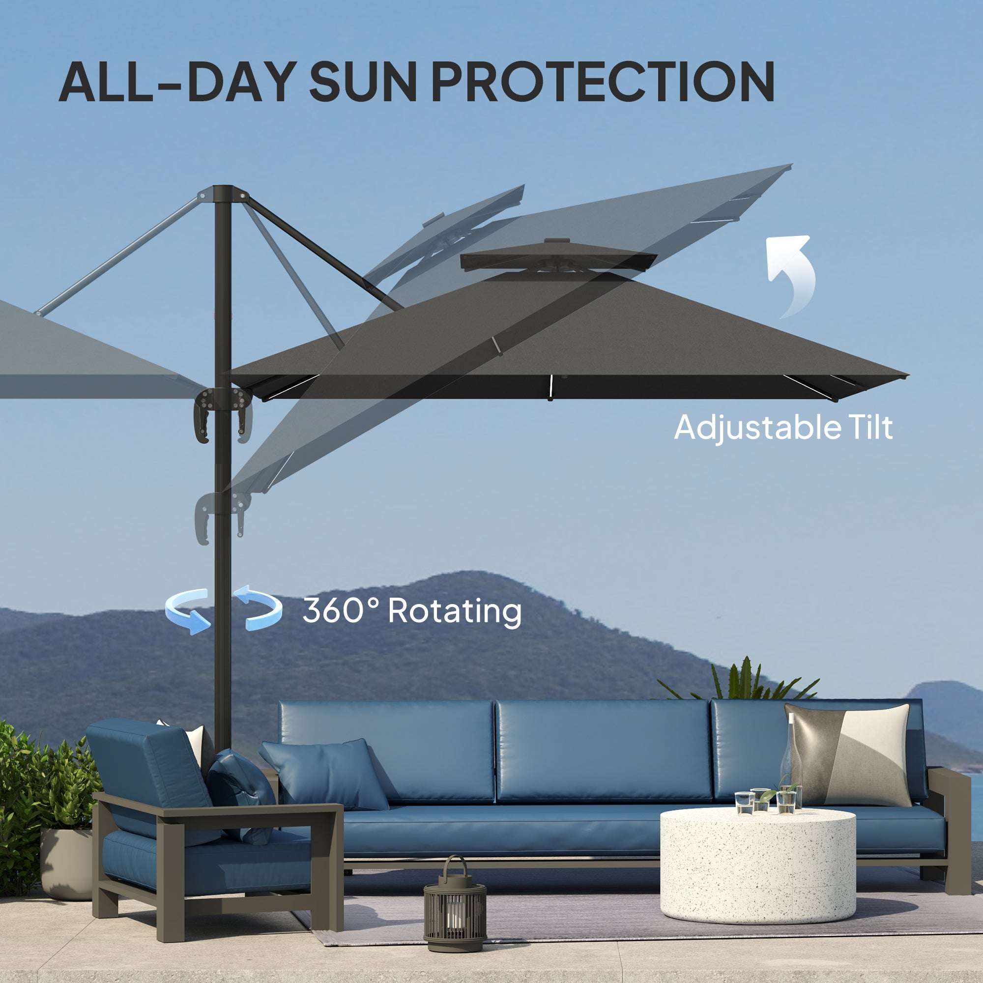 Outsunny 8' Cantilever Patio Umbrella with Solar Powered LED Lights, Hanging Offset Umbrella with 360°Rotation, Tilt Adjustment, Crank, Cross Base for Garden, Dark Grey