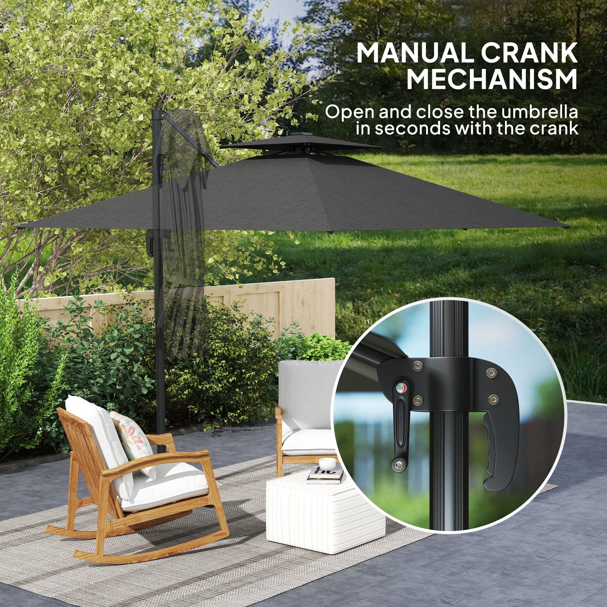 Outsunny 8' Cantilever Patio Umbrella with Solar Powered LED Lights, Hanging Offset Umbrella with 360°Rotation, Tilt Adjustment, Crank, Cross Base for Garden, Dark Grey