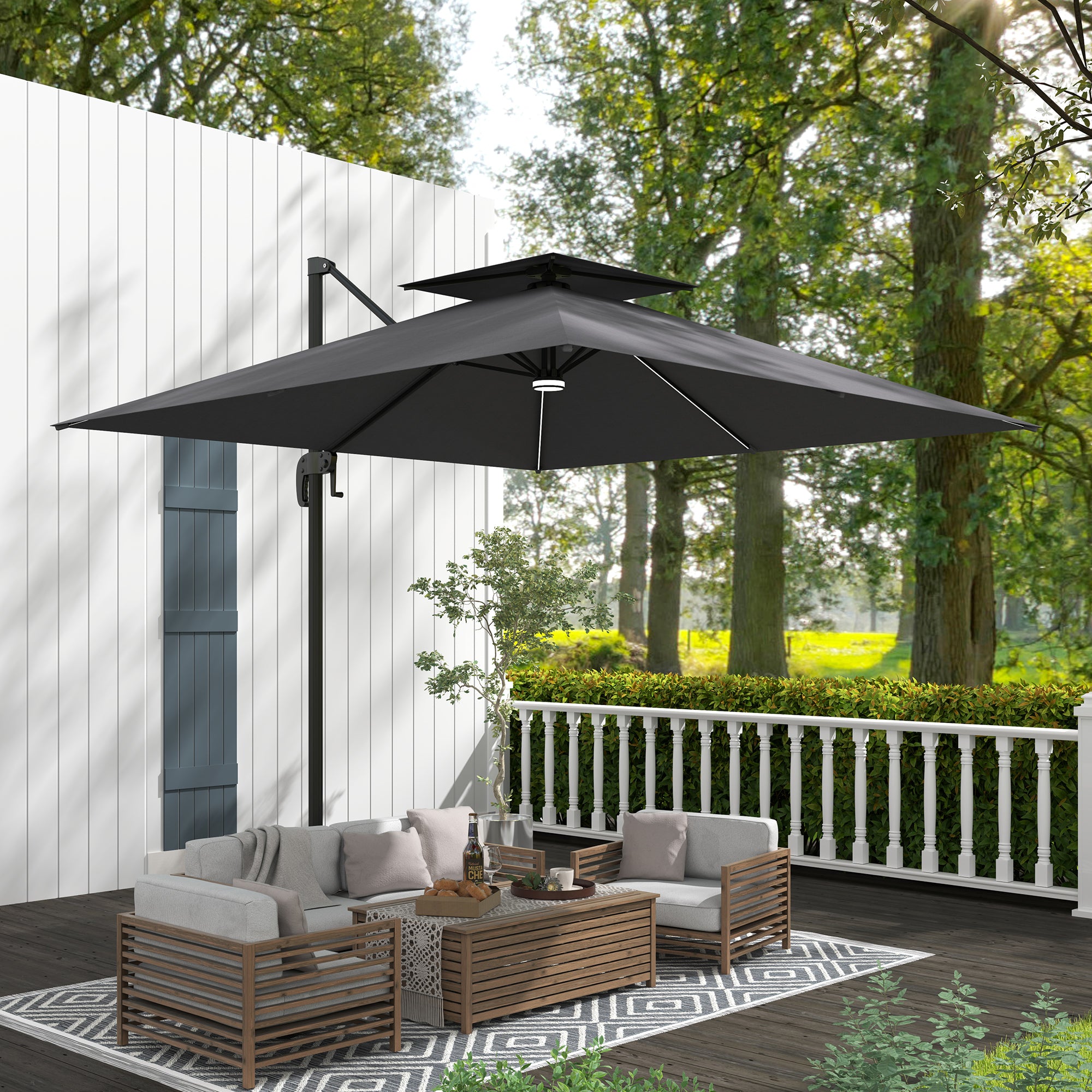 Outsunny 8' Cantilever Patio Umbrella with Solar Powered LED Lights, Hanging Offset Umbrella with 360°Rotation, Tilt Adjustment, Crank, Cross Base for Garden, Dark Grey