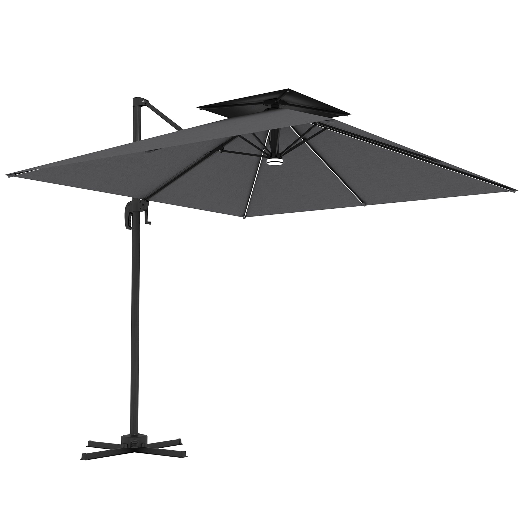 Outsunny 8' Cantilever Patio Umbrella with Solar Powered LED Lights, Hanging Offset Umbrella with 360°Rotation, Tilt Adjustment, Crank, Cross Base for Garden, Dark Grey
