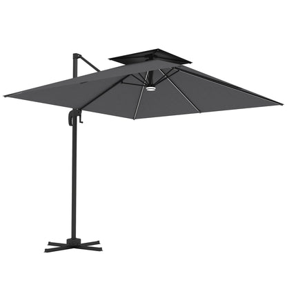 Outsunny 8' Cantilever Patio Umbrella with Solar Powered LED Lights, Hanging Offset Umbrella with 360°Rotation, Tilt Adjustment, Crank, Cross Base for Garden, Dark Grey