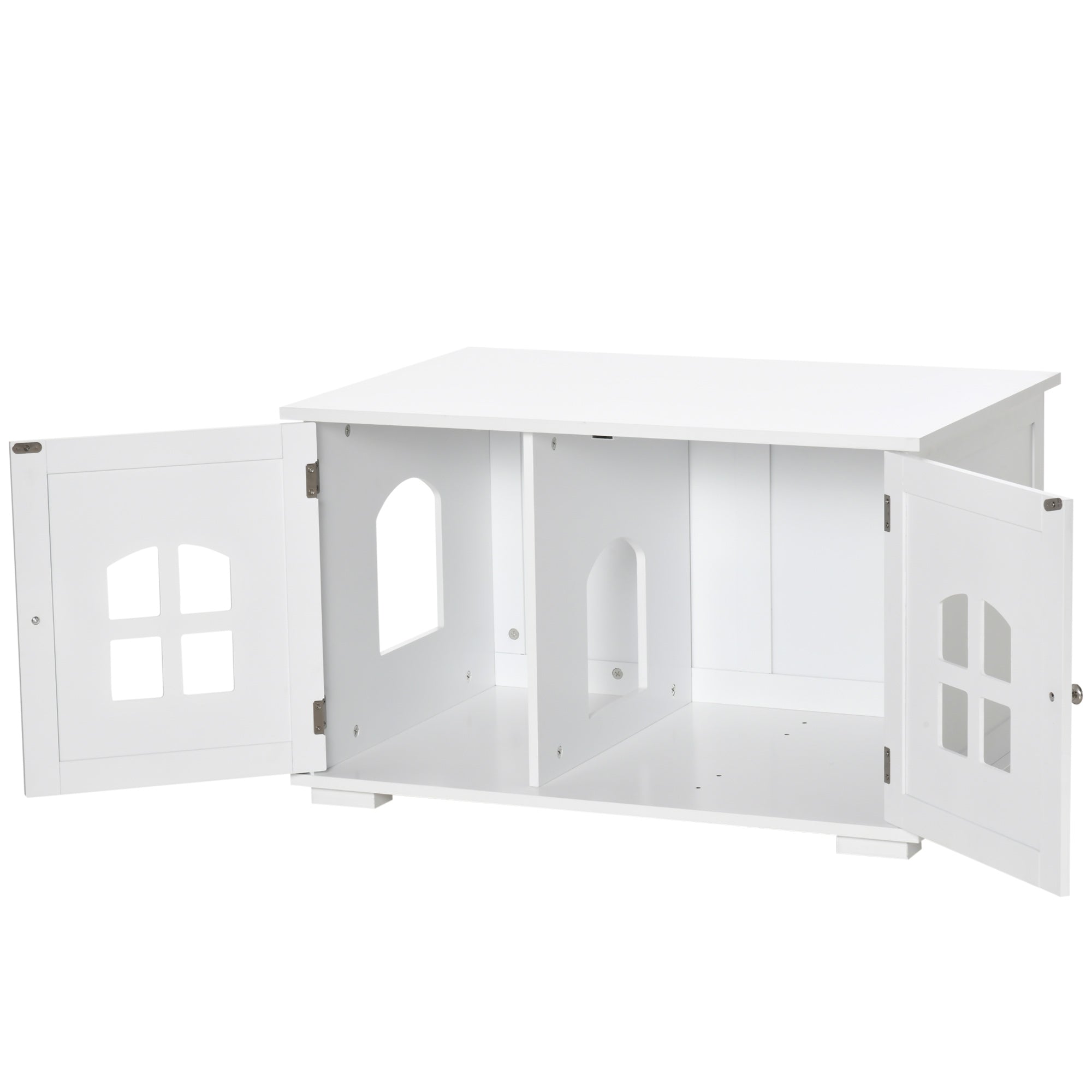 PawHut Cat Litter Box Enclosure Hidden Cat Furniture Cabinet Indoor Cat Washroom Double-door Nightstand End Table with Cat Hole Window White
