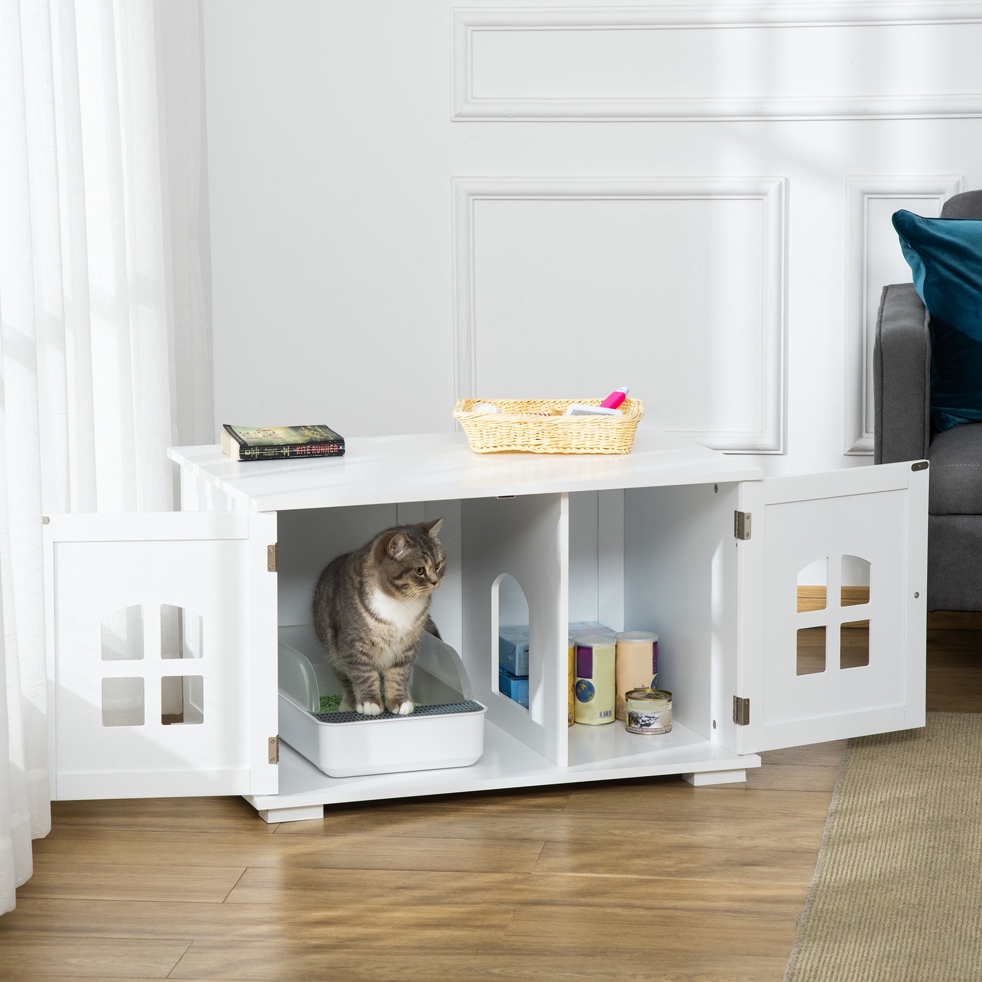 PawHut Cat Litter Box Enclosure Hidden Cat Furniture Cabinet Indoor Cat Washroom Double-door Nightstand End Table with Cat Hole Window White