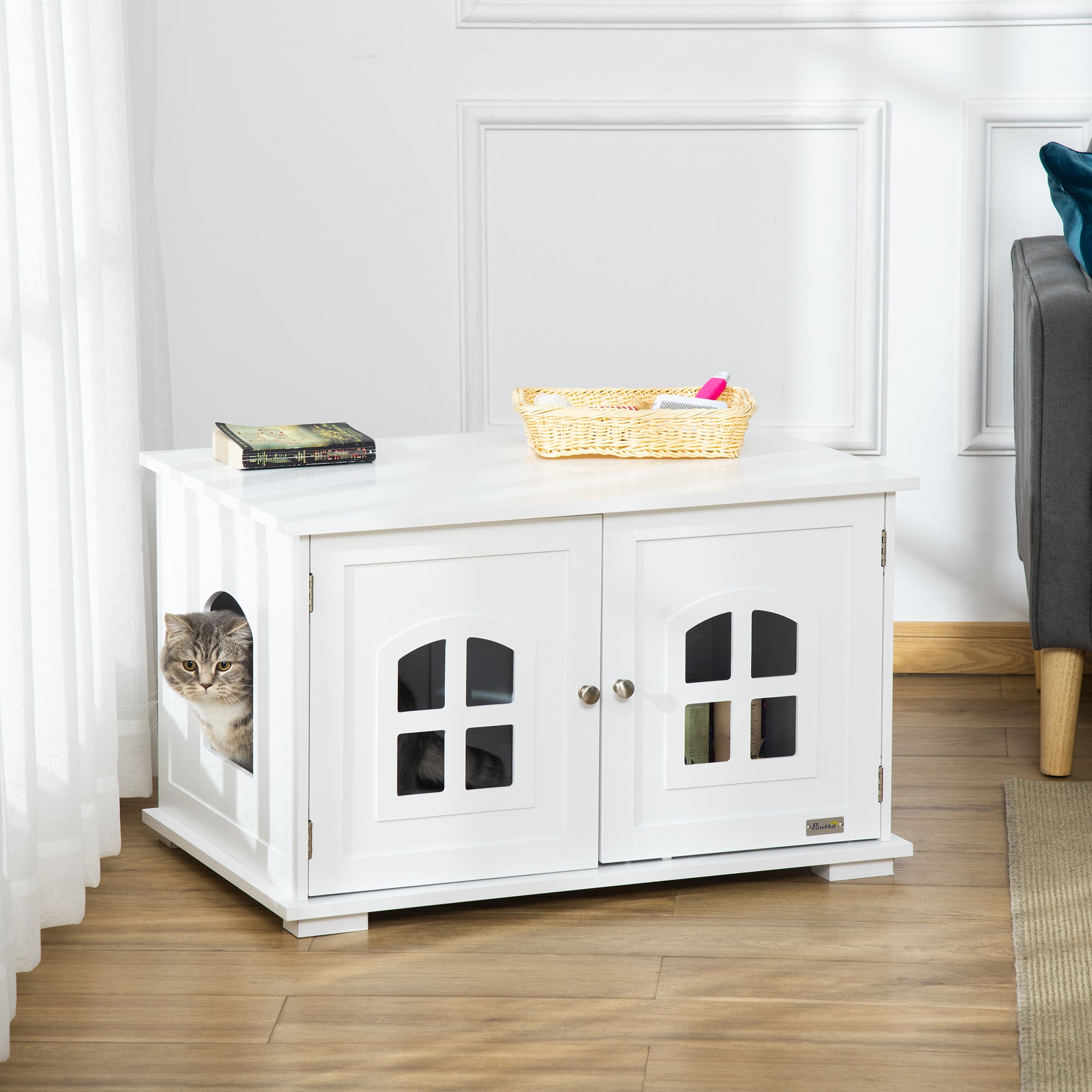 PawHut Cat Litter Box Enclosure Hidden Cat Furniture Cabinet Indoor Cat Washroom Double-door Nightstand End Table with Cat Hole Window White