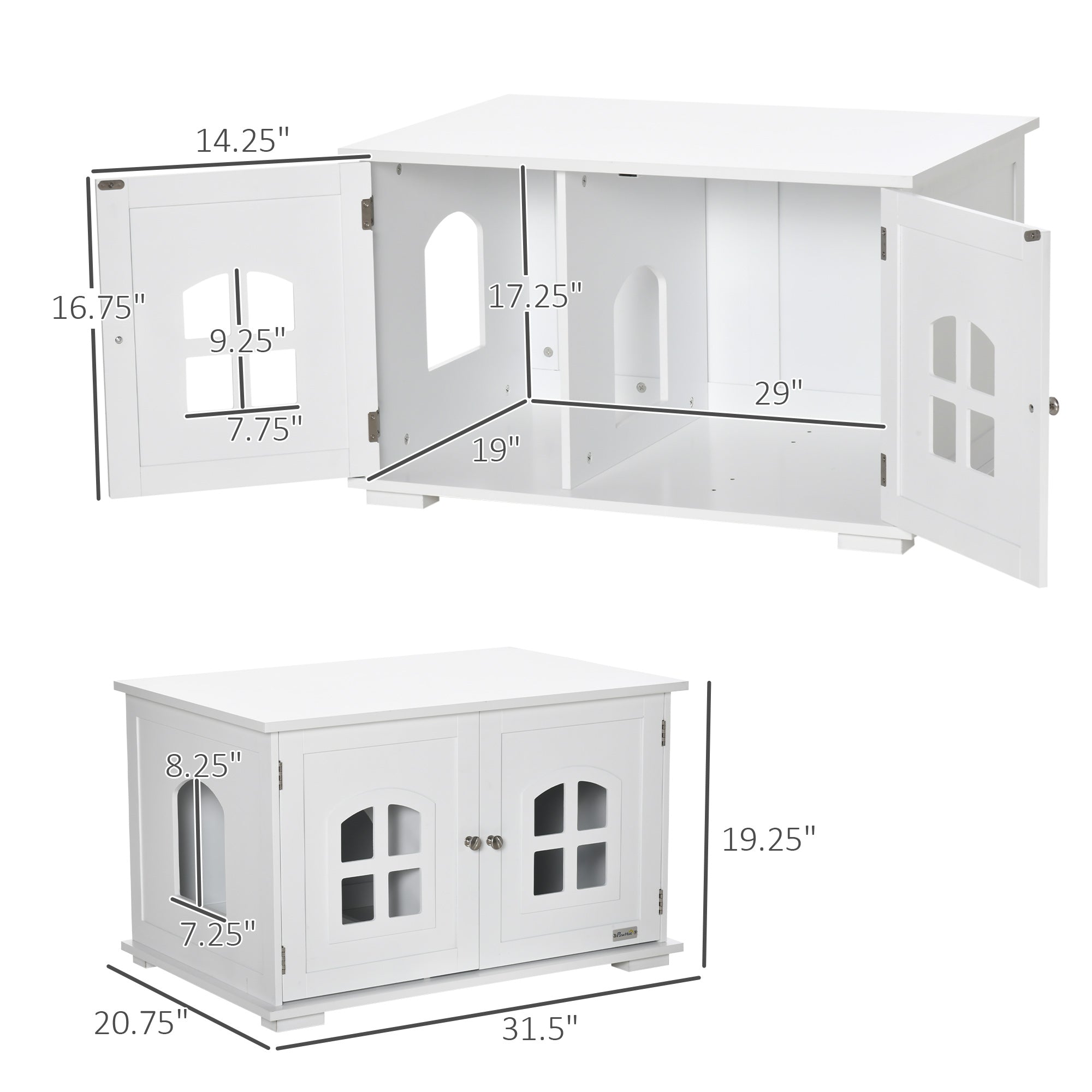 PawHut Cat Litter Box Enclosure Hidden Cat Furniture Cabinet Indoor Cat Washroom Double-door Nightstand End Table with Cat Hole Window White