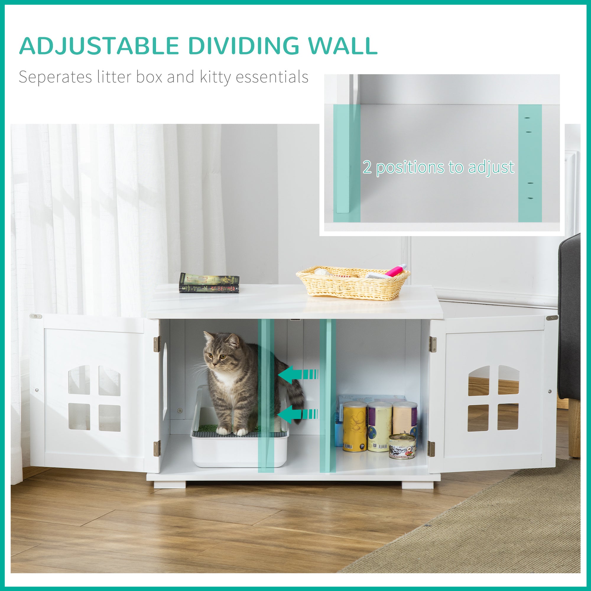 PawHut Cat Litter Box Enclosure Hidden Cat Furniture Cabinet Indoor Cat Washroom Double-door Nightstand End Table with Cat Hole Window White