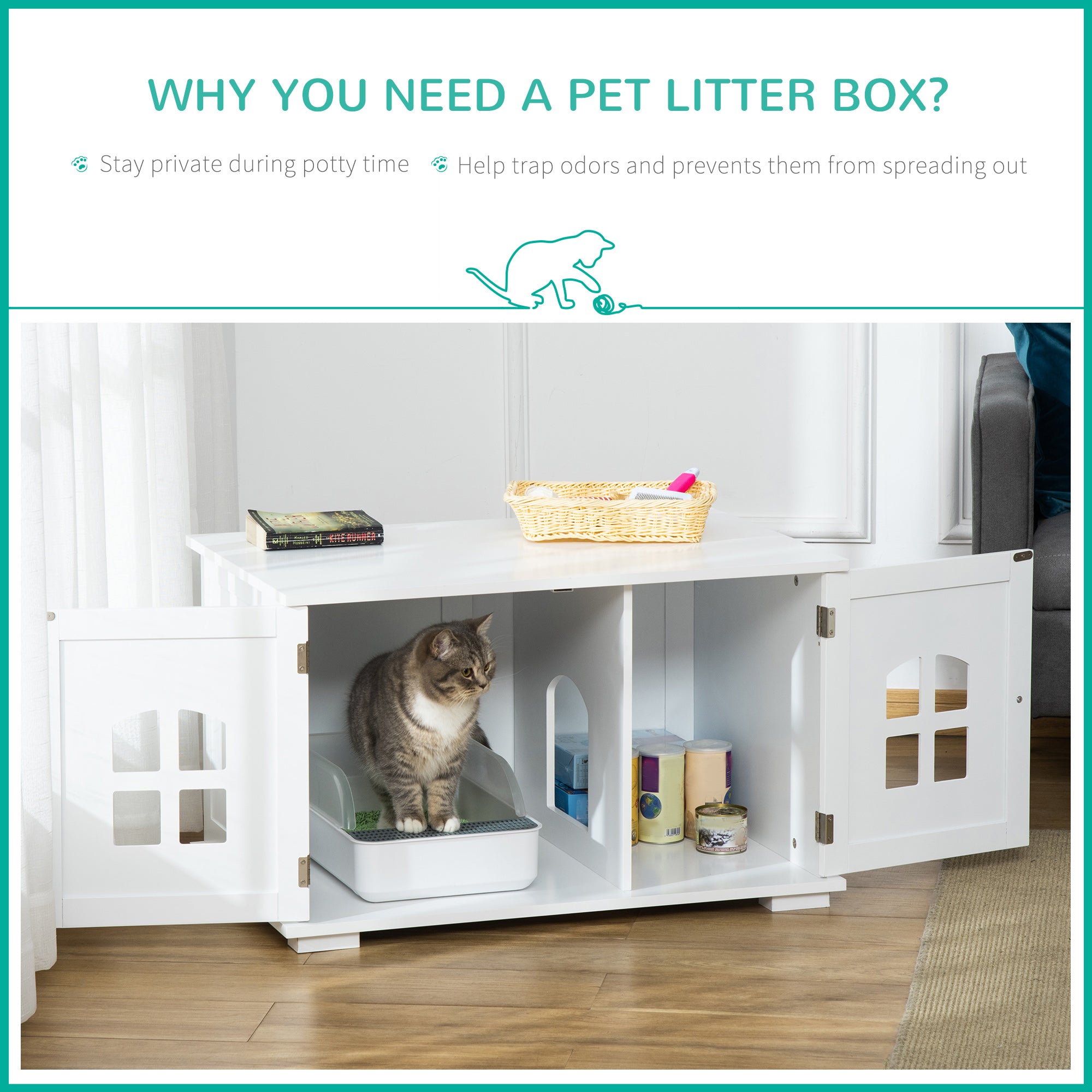 PawHut Cat Litter Box Enclosure Hidden Cat Furniture Cabinet Indoor Cat Washroom Double-door Nightstand End Table with Cat Hole Window White