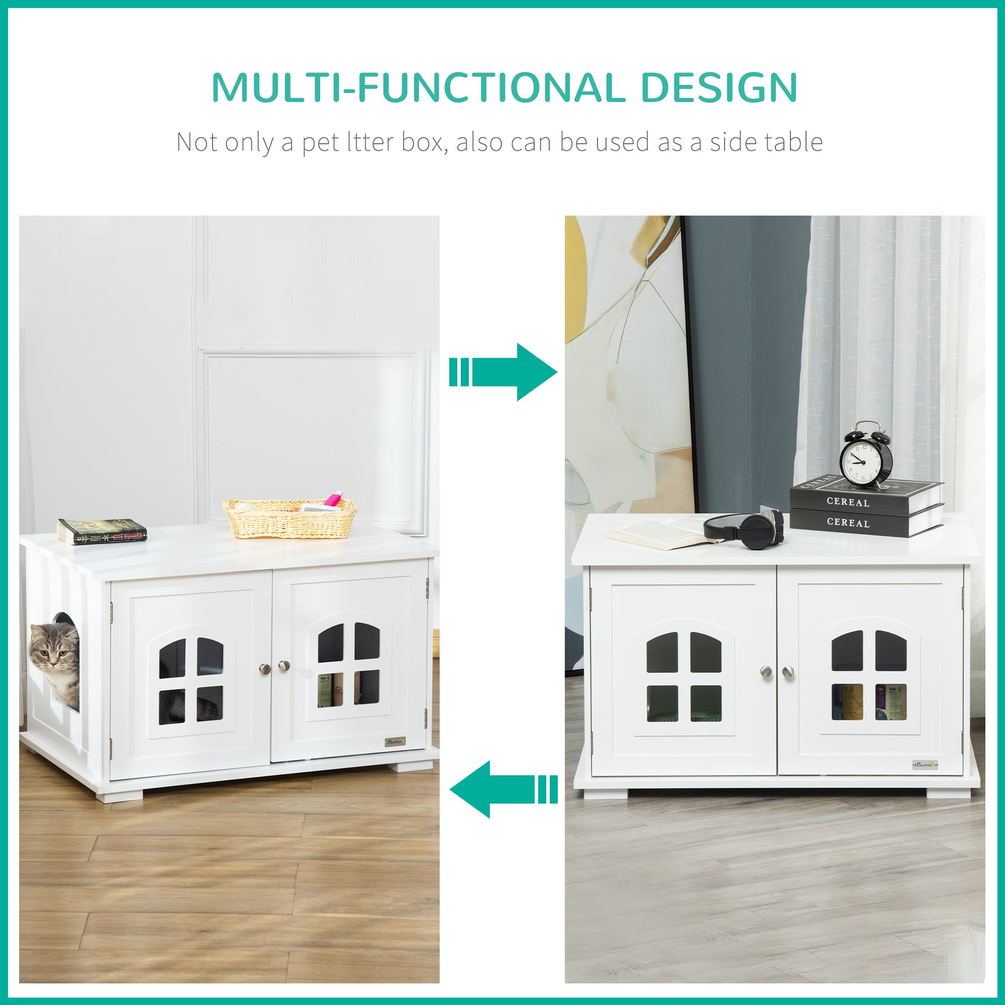 PawHut Cat Litter Box Enclosure Hidden Cat Furniture Cabinet Indoor Cat Washroom Double-door Nightstand End Table with Cat Hole Window White