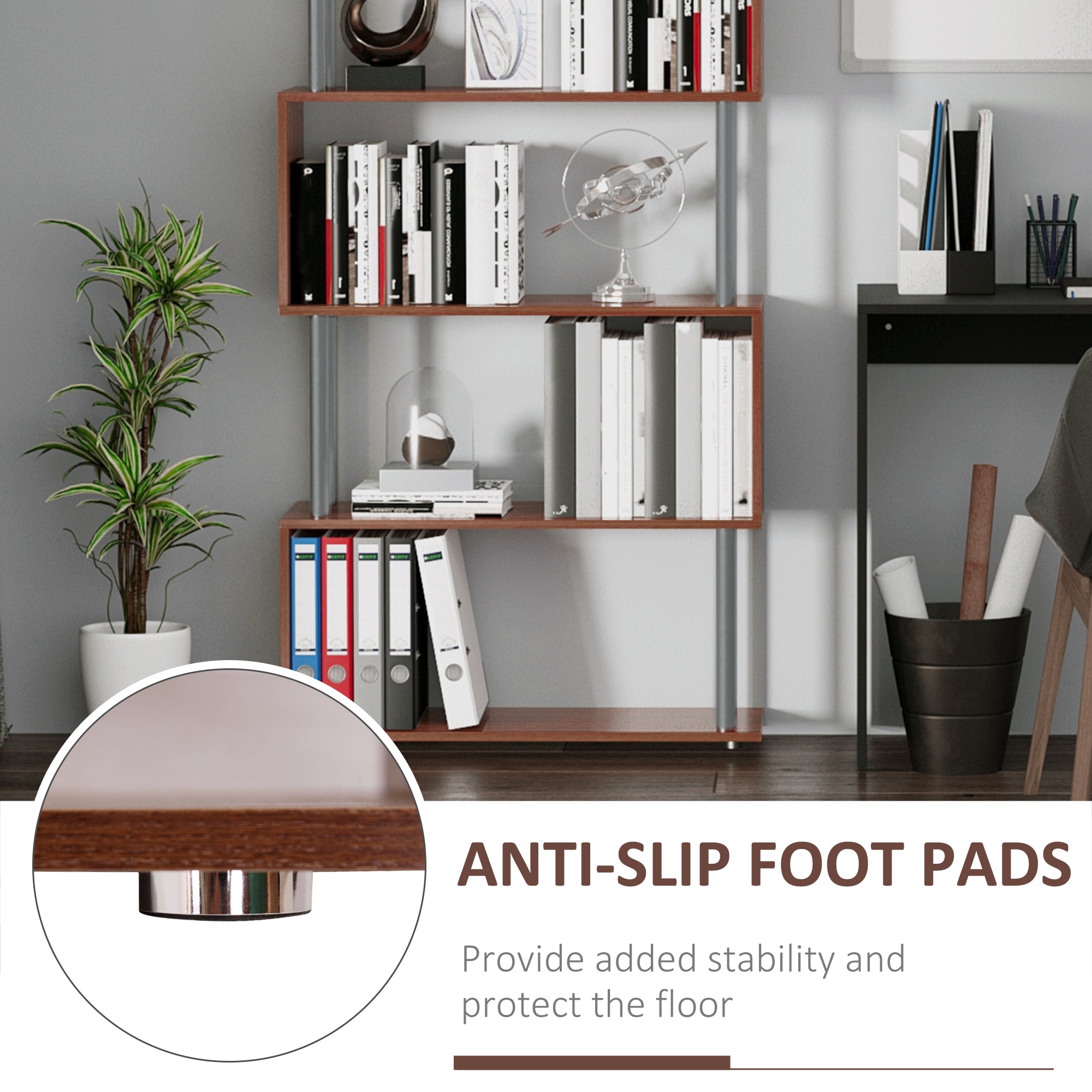 HOMCOM 5-Tiers Geometric Wooden Bookcase S-Shaped Storage Bookshelf Display with Metal Frame for Living Room, Bedroom, Home Office, Walnut