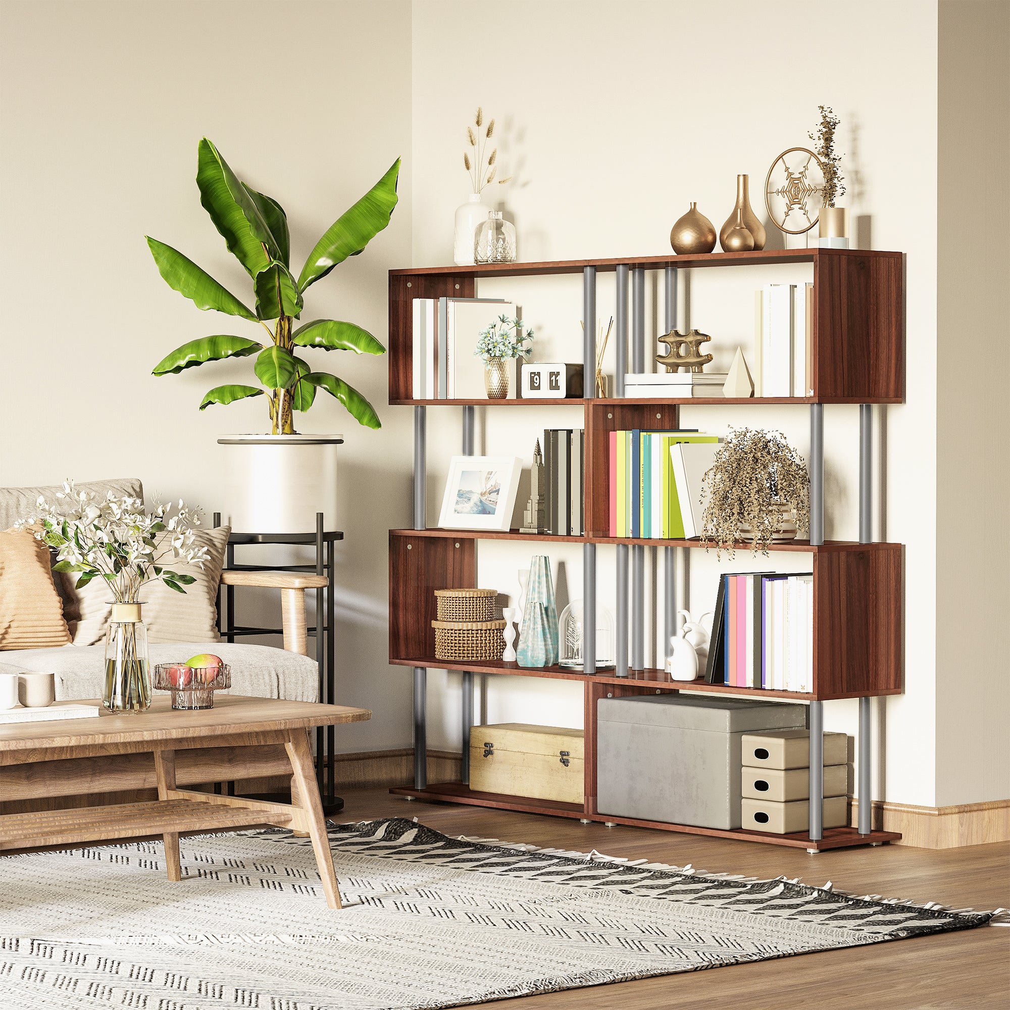 HOMCOM 5-Tiers Geometric Wooden Bookcase S-Shaped Storage Bookshelf Display with Metal Frame for Living Room, Bedroom, Home Office, Walnut