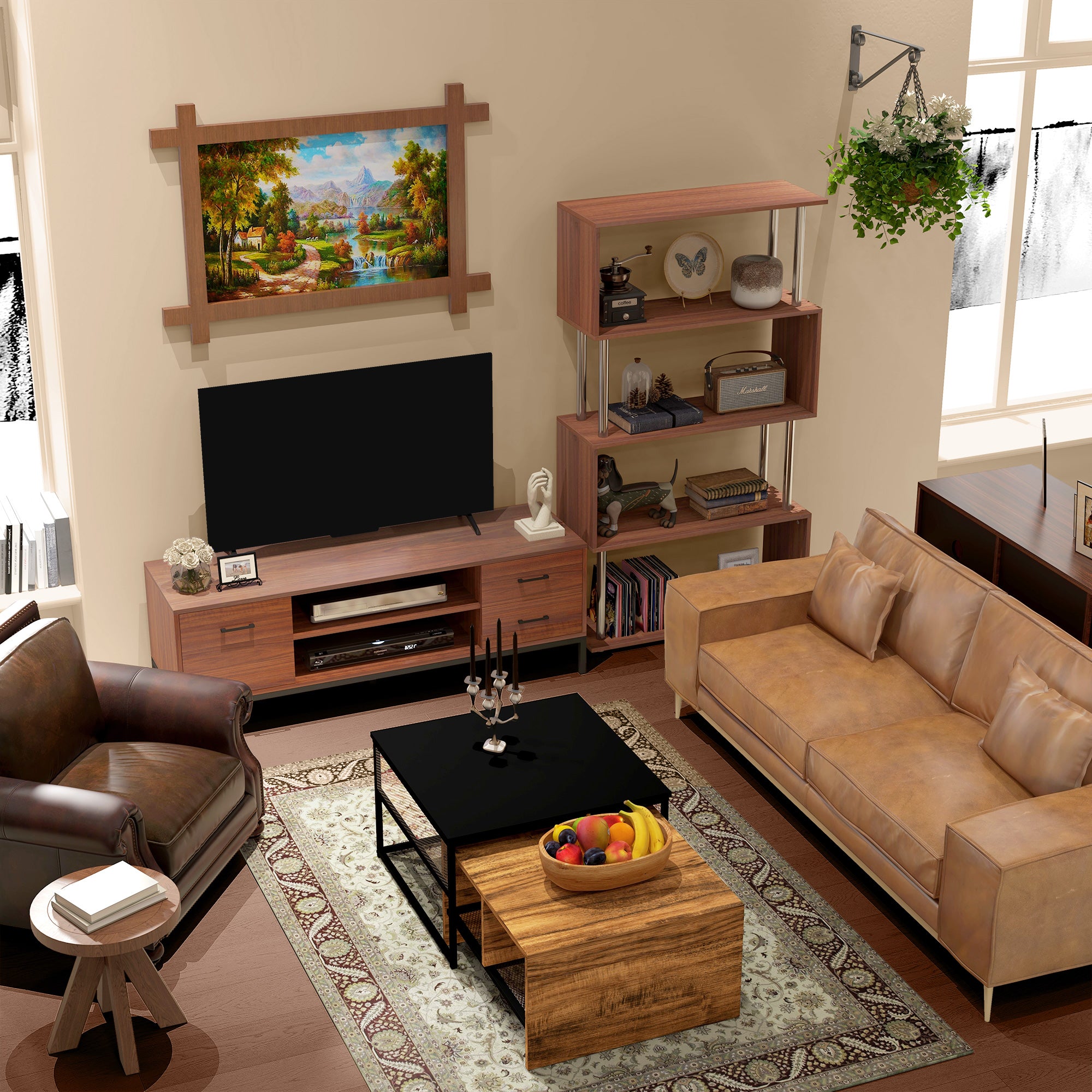 HOMCOM 5-Tiers Geometric Wooden Bookcase S-Shaped Storage Bookshelf Display with Metal Frame for Living Room, Bedroom, Home Office, Walnut