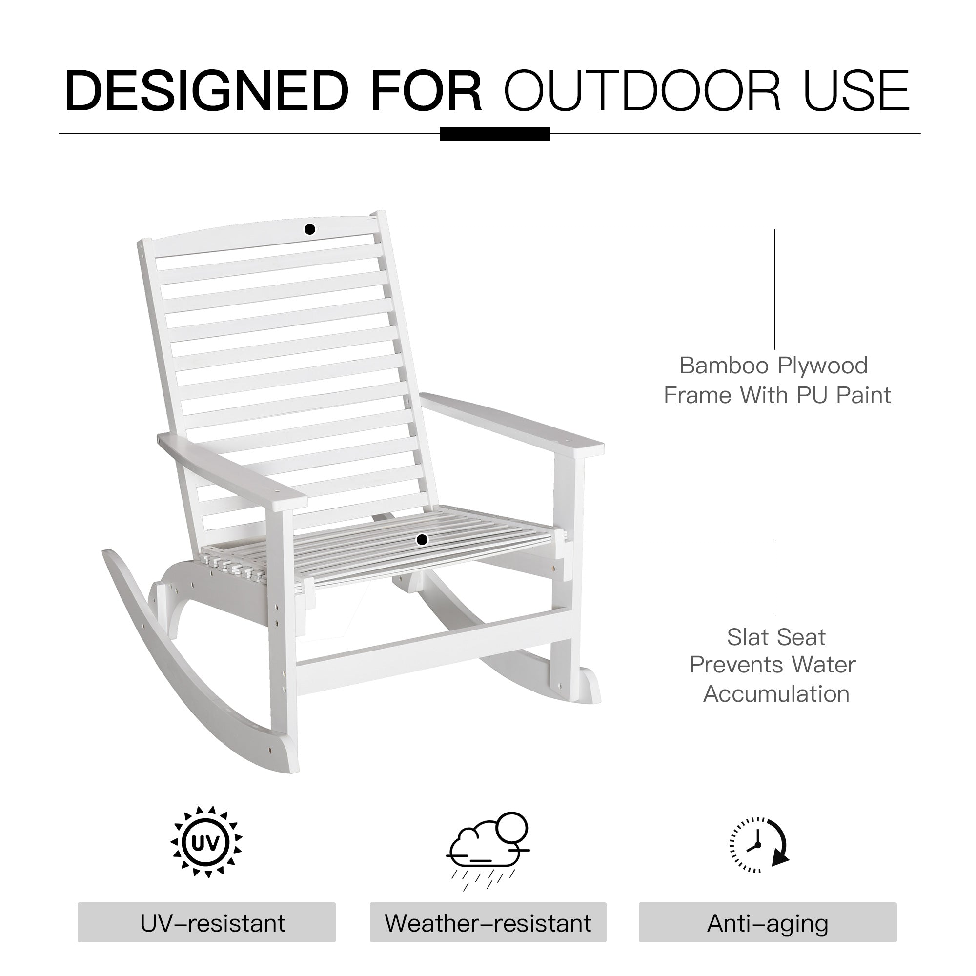 Outsunny Patio Rocking Chair Non-slip Porch Rocker for Balcony Garden Terrace Bamboo White