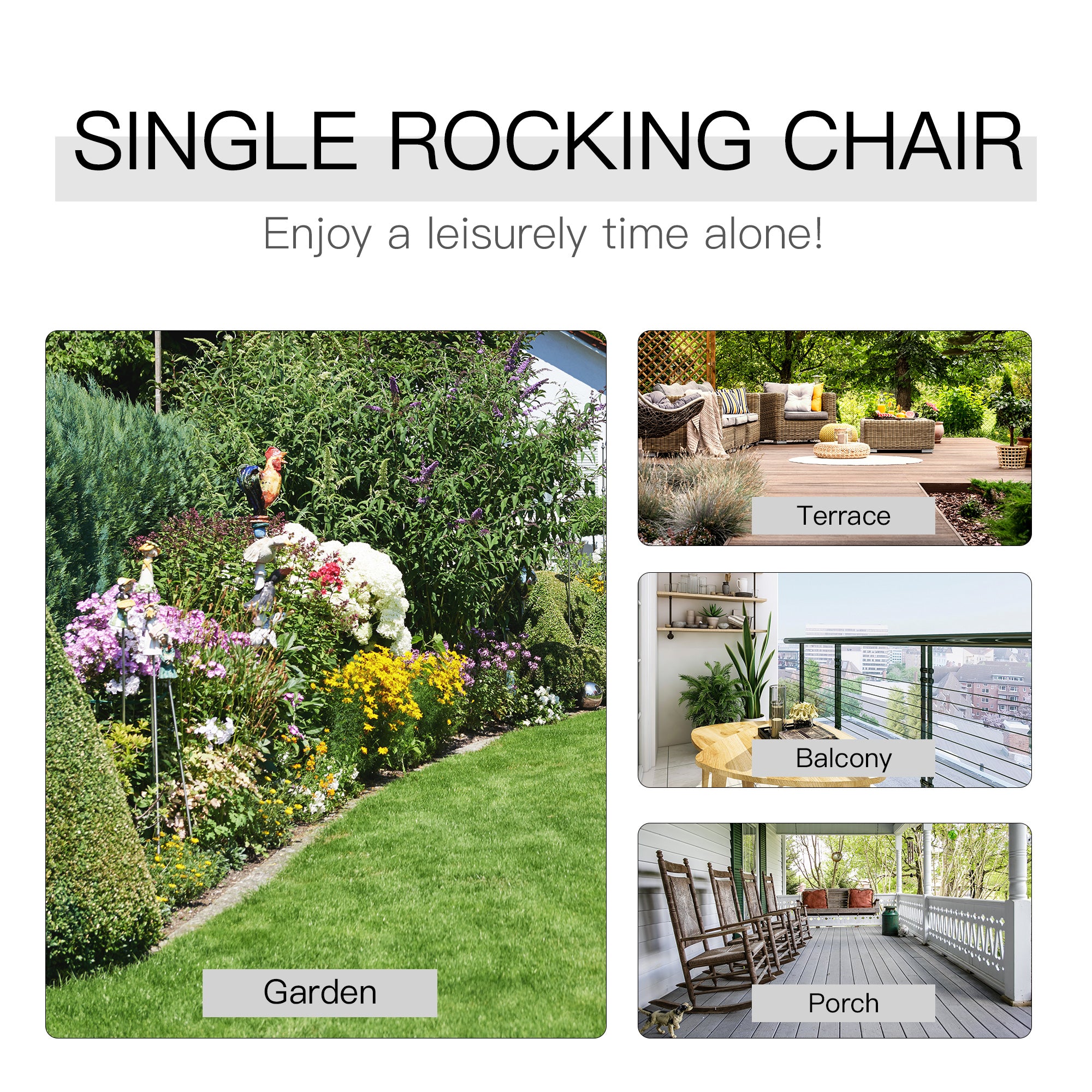 Outsunny Patio Rocking Chair Non-slip Porch Rocker for Balcony Garden Terrace Bamboo White