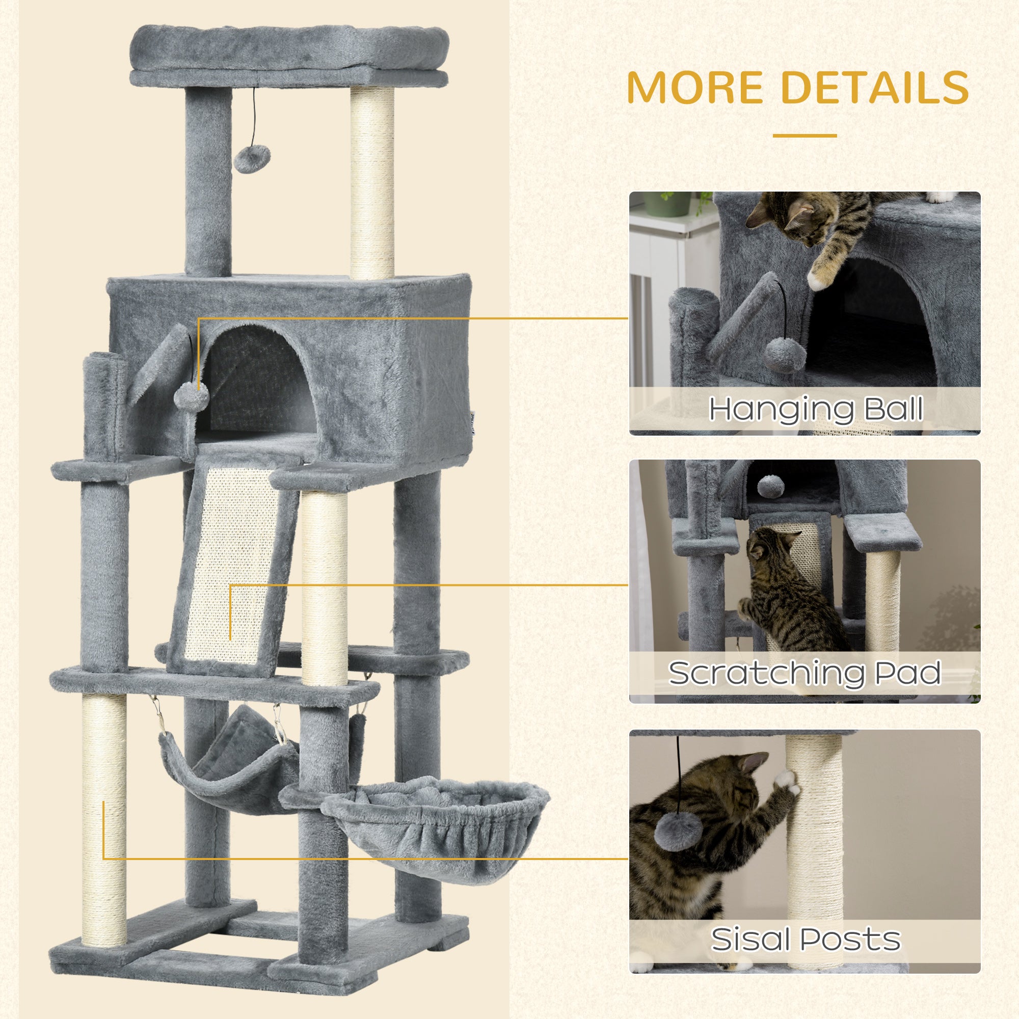 PawHut 55" Cat Tree for Indoor Cats, Cat Tower, Kitty Activity Center with Cat Bed Ramp Condo Hammocks Hanging Ball Toys Sisal Rope Scratching Post, Grey