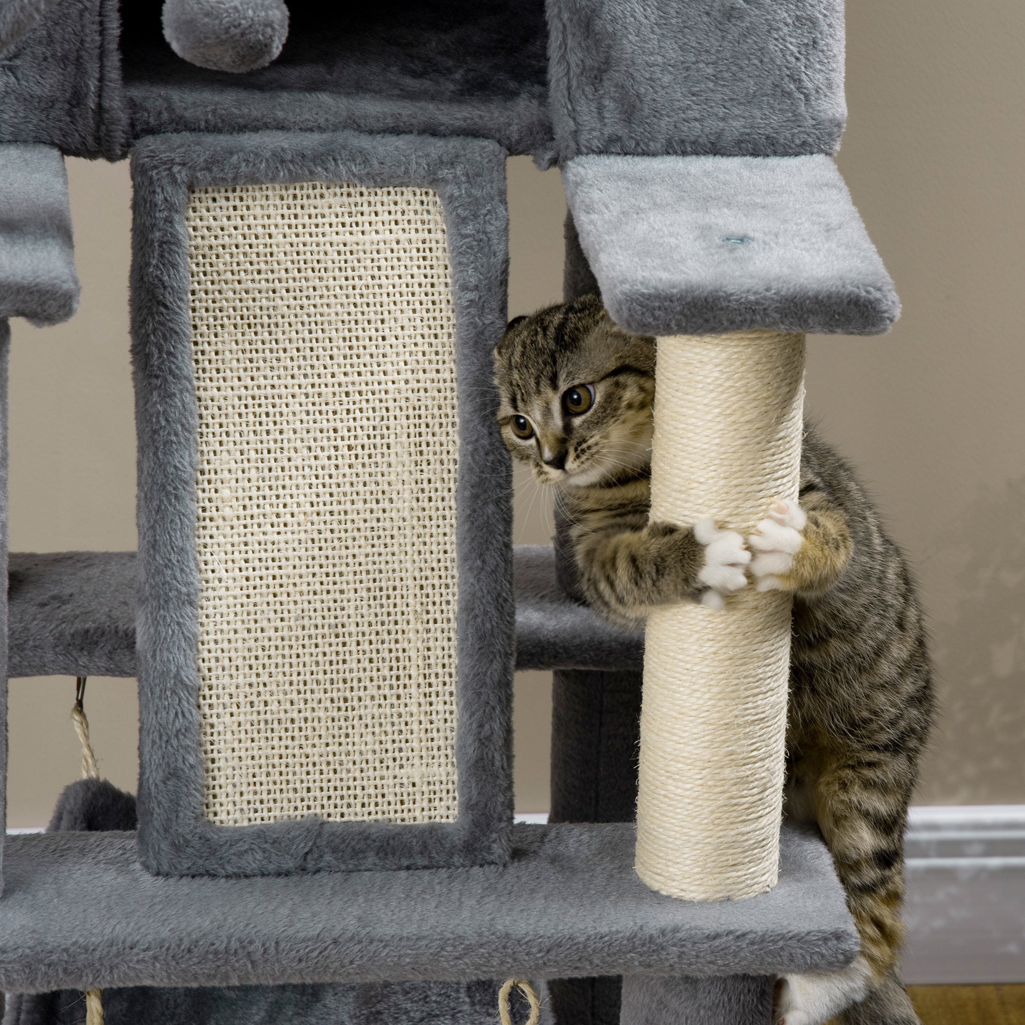 PawHut 55" Cat Tree for Indoor Cats, Cat Tower, Kitty Activity Center with Cat Bed Ramp Condo Hammocks Hanging Ball Toys Sisal Rope Scratching Post, Grey