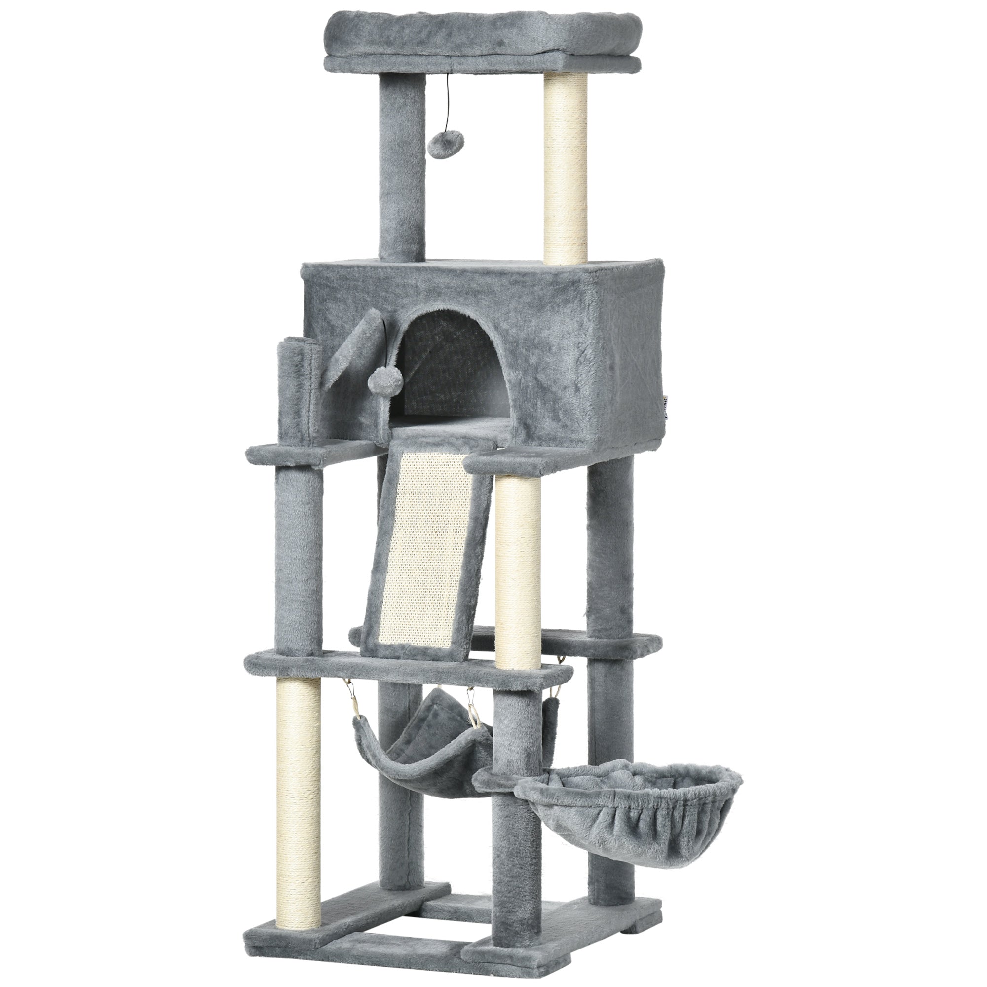 PawHut 55" Cat Tree for Indoor Cats, Cat Tower, Kitty Activity Center with Cat Bed Ramp Condo Hammocks Hanging Ball Toys Sisal Rope Scratching Post, Grey