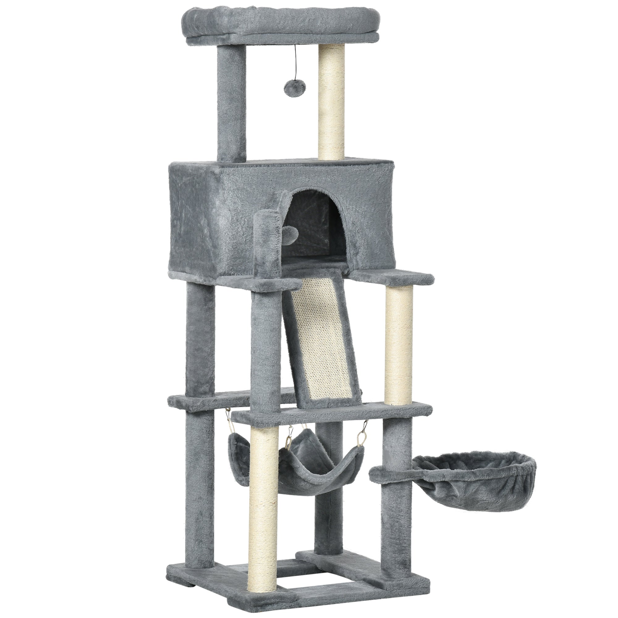 PawHut 55" Cat Tree for Indoor Cats, Cat Tower, Kitty Activity Center with Cat Bed Ramp Condo Hammocks Hanging Ball Toys Sisal Rope Scratching Post, Grey