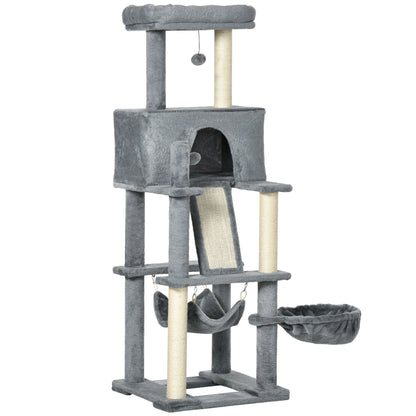 PawHut 55" Cat Tree for Indoor Cats, Cat Tower, Kitty Activity Center with Cat Bed Ramp Condo Hammocks Hanging Ball Toys Sisal Rope Scratching Post, Grey