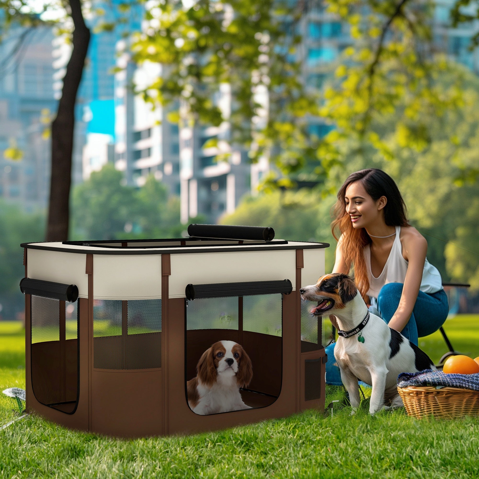 PawHut Dog Pen, Pet Playpen, Portable Foldable Dog Cat Playpen Soft Dog Cage with Storage Bag for Puppies, Rabbits, Kittens, Guinea Pigs, 94 x 74 x 60cm - Brown
