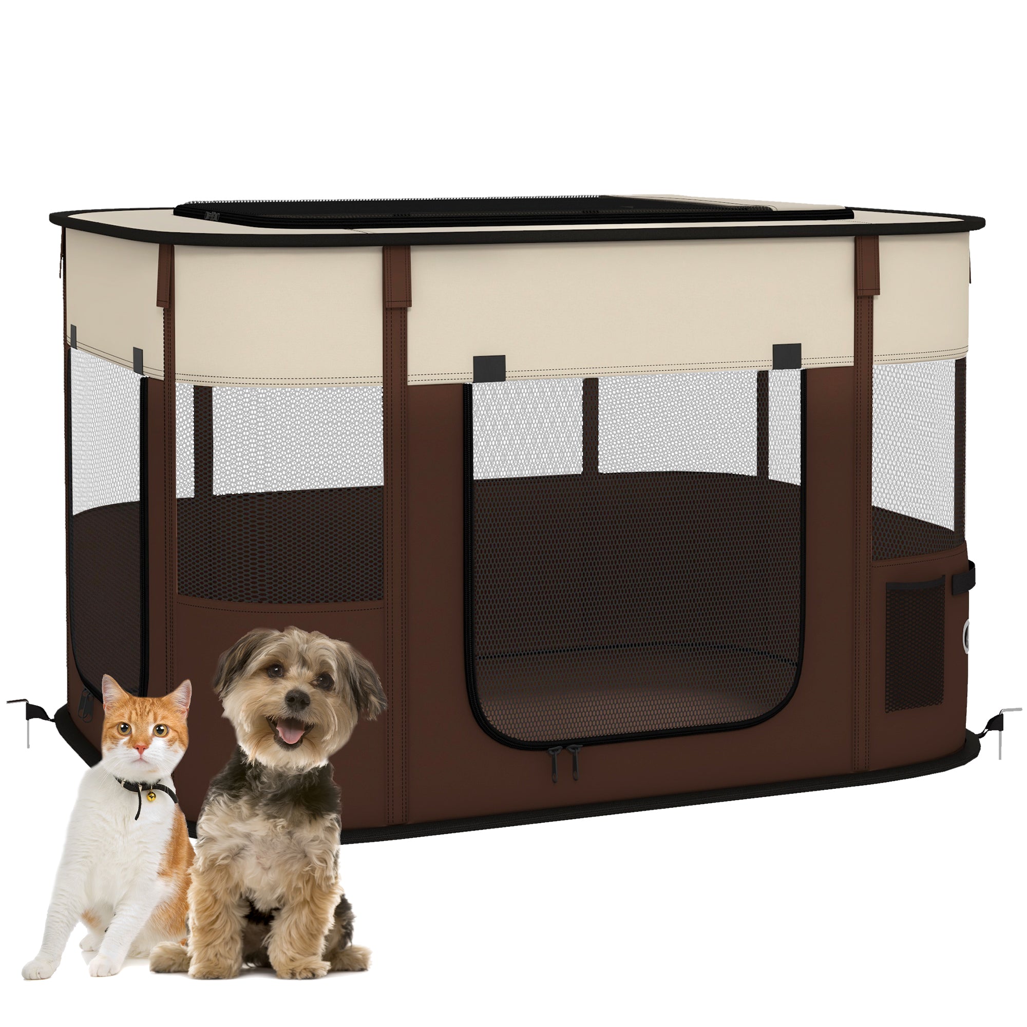 PawHut Dog Pen, Pet Playpen, Portable Foldable Dog Cat Playpen Soft Dog Cage with Storage Bag for Puppies, Rabbits, Kittens, Guinea Pigs, 94 x 74 x 60cm - Brown