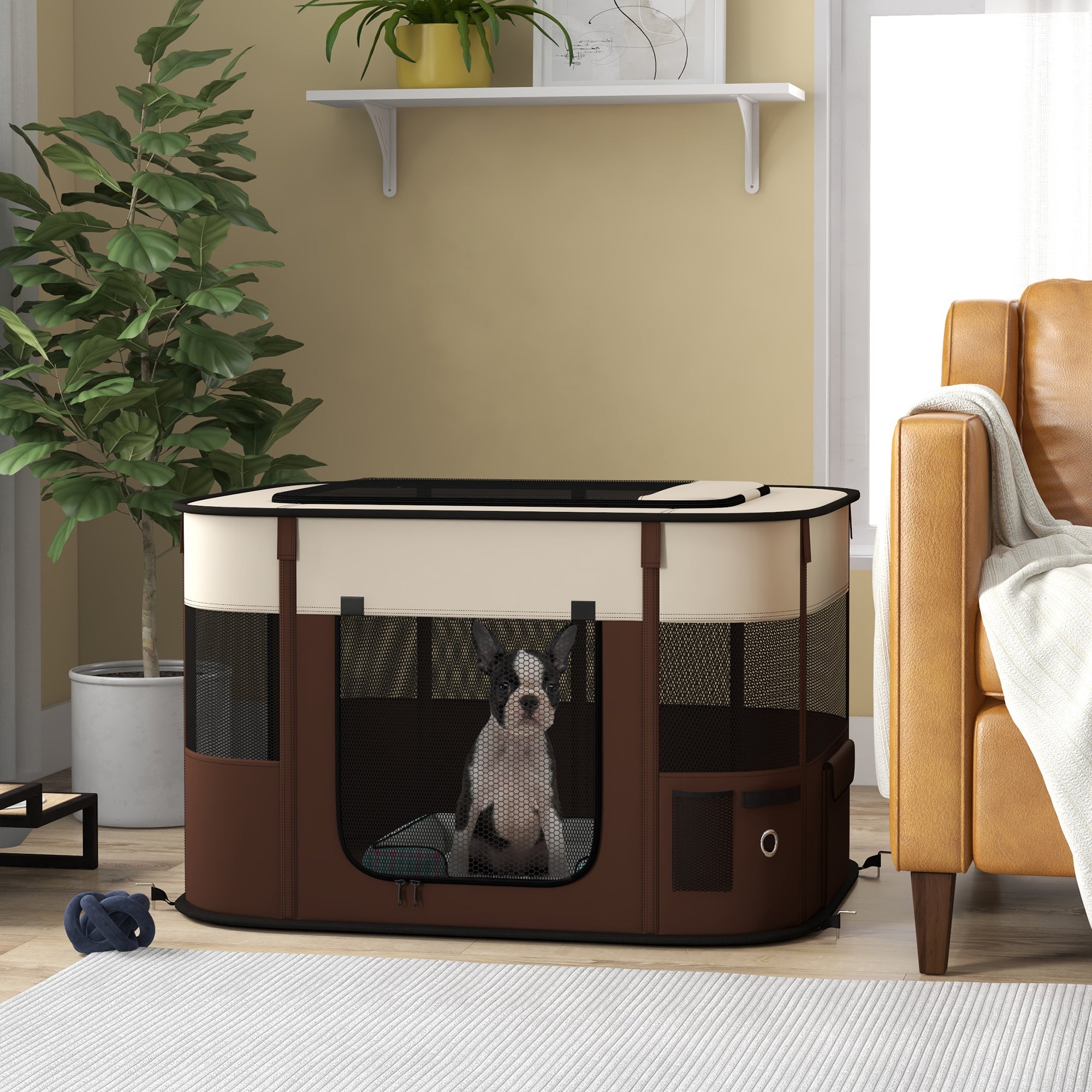 PawHut Dog Pen, Pet Playpen, Portable Foldable Dog Cat Playpen Soft Dog Cage with Storage Bag for Puppies, Rabbits, Kittens, Guinea Pigs, 94 x 74 x 60cm - Brown