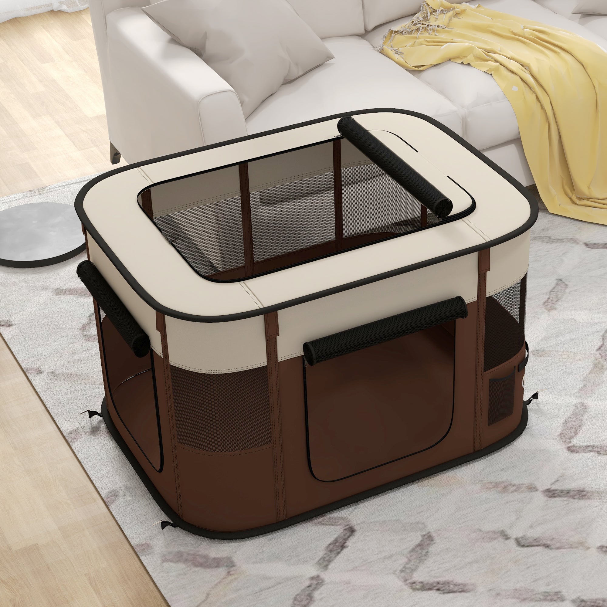 PawHut Dog Pen, Pet Playpen, Portable Foldable Dog Cat Playpen Soft Dog Cage with Storage Bag for Puppies, Rabbits, Kittens, Guinea Pigs, 94 x 74 x 60cm - Brown